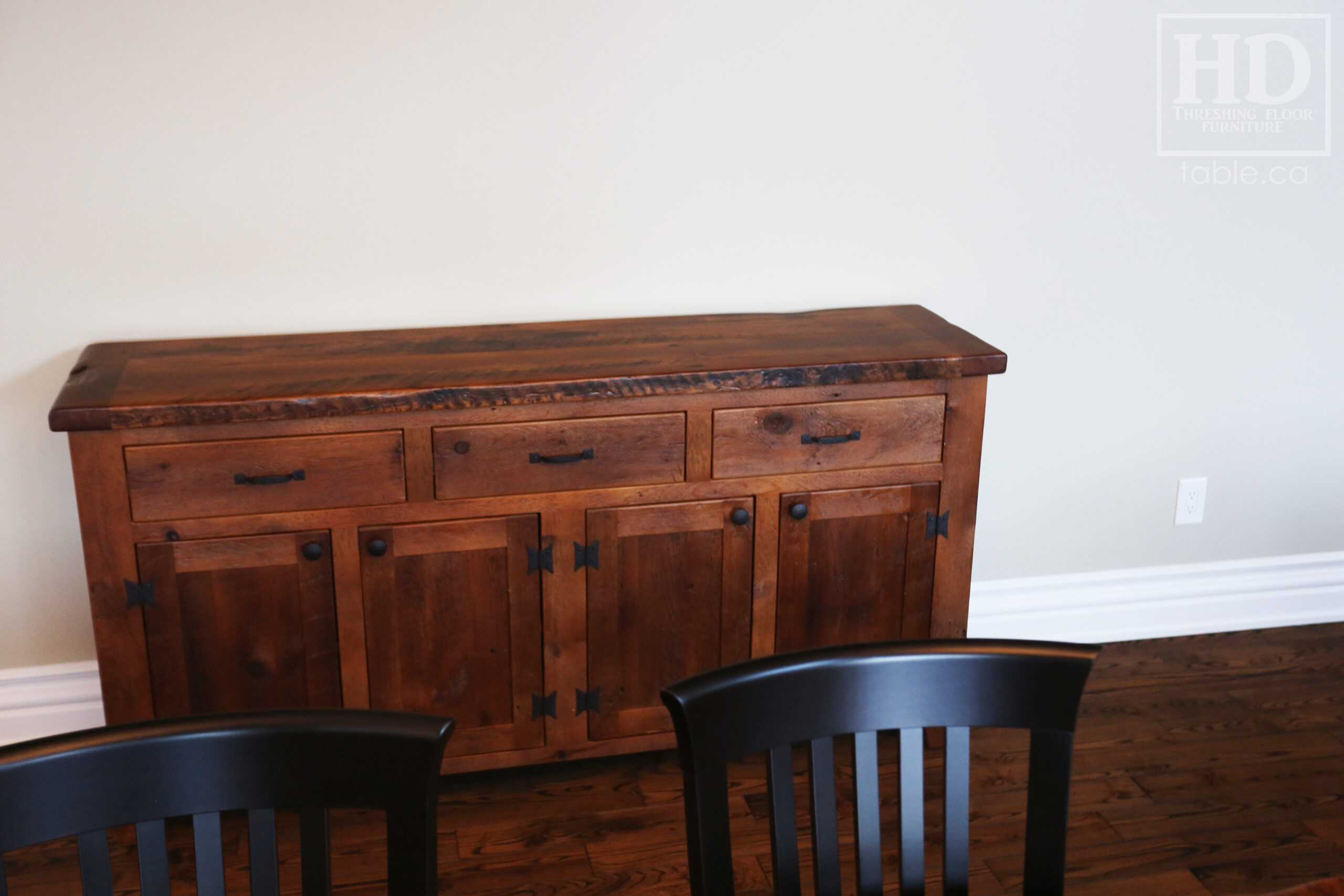 72" Ontario Barnwood Buffet we made for a St. George Home  - 36" height - 18" deep - 3 Top Drawers / 4 Bottom Doors - Interior Shelving - Reclaimed Old Growth Hemlock Threshing Floor + Grainery Board Construction - Original edges + distressing maintained - Lee Valley Hardware - Premium epoxy + matte polyurethane finish - www.table.ca