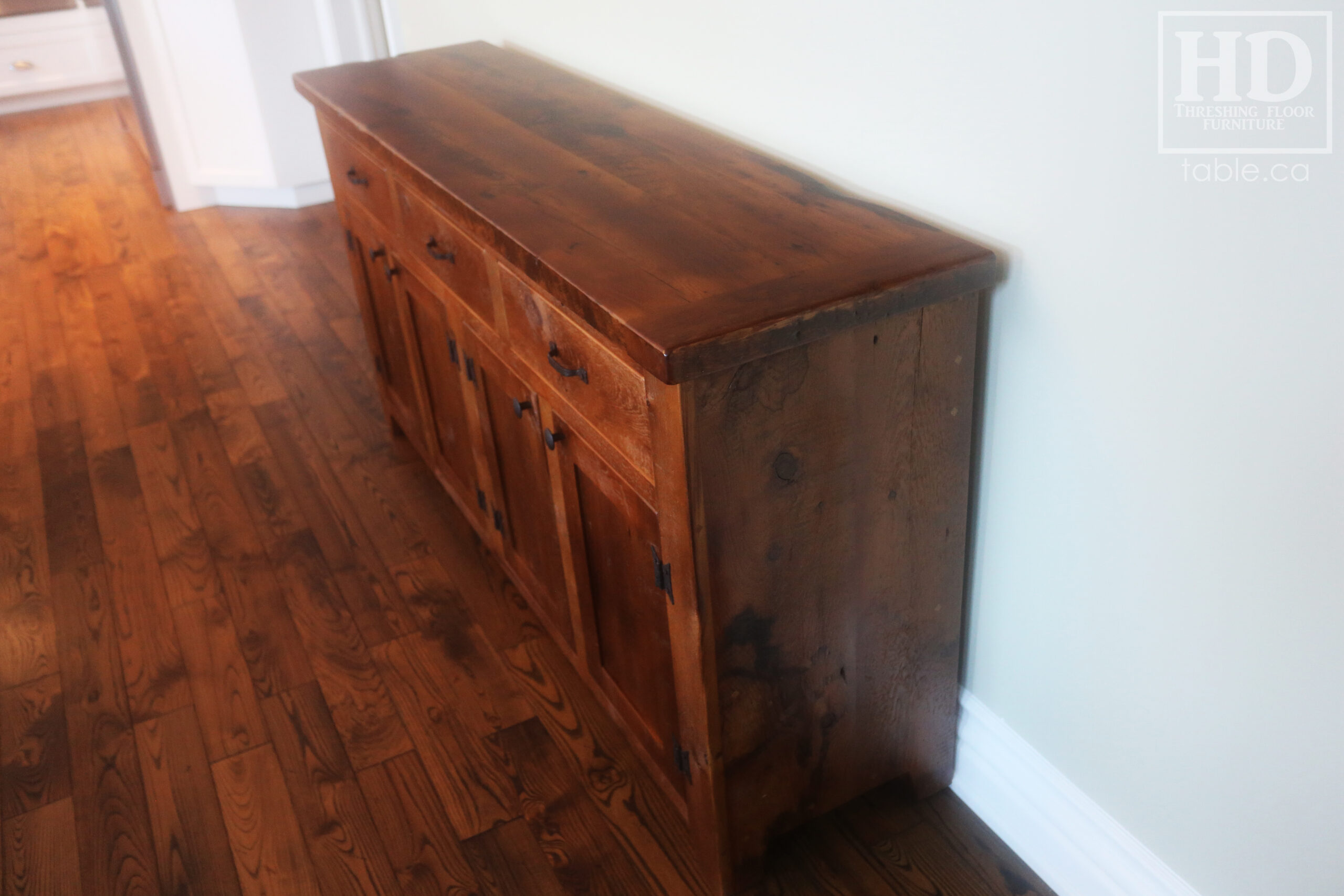 72" Ontario Barnwood Buffet we made for a St. George Home - 36" height - 18" deep - 3 Top Drawers / 4 Bottom Doors - Interior Shelving - Reclaimed Old Growth Hemlock Threshing Floor + Grainery Board Construction - Original edges + distressing maintained - Lee Valley Hardware - Premium epoxy + matte polyurethane finish - www.table.ca