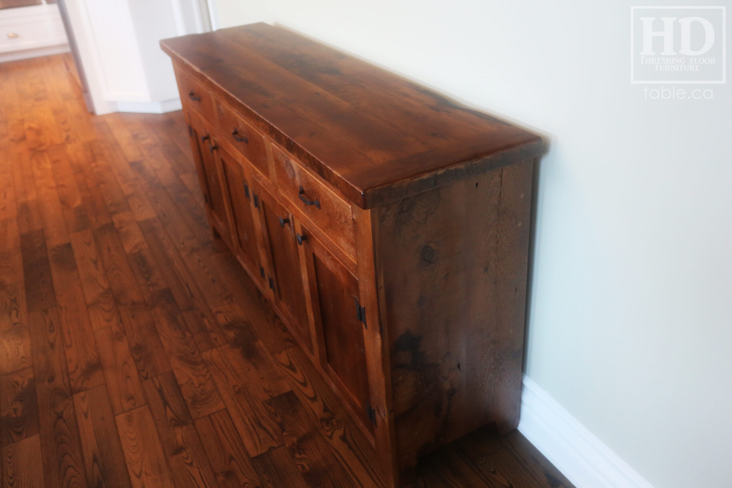 72" Ontario Barnwood Buffet we made for a St. George Home  - 36" height - 18" deep - 3 Top Drawers / 4 Bottom Doors - Interior Shelving - Reclaimed Old Growth Hemlock Threshing Floor + Grainery Board Construction - Original edges + distressing maintained - Lee Valley Hardware - Premium epoxy + matte polyurethane finish - www.table.ca