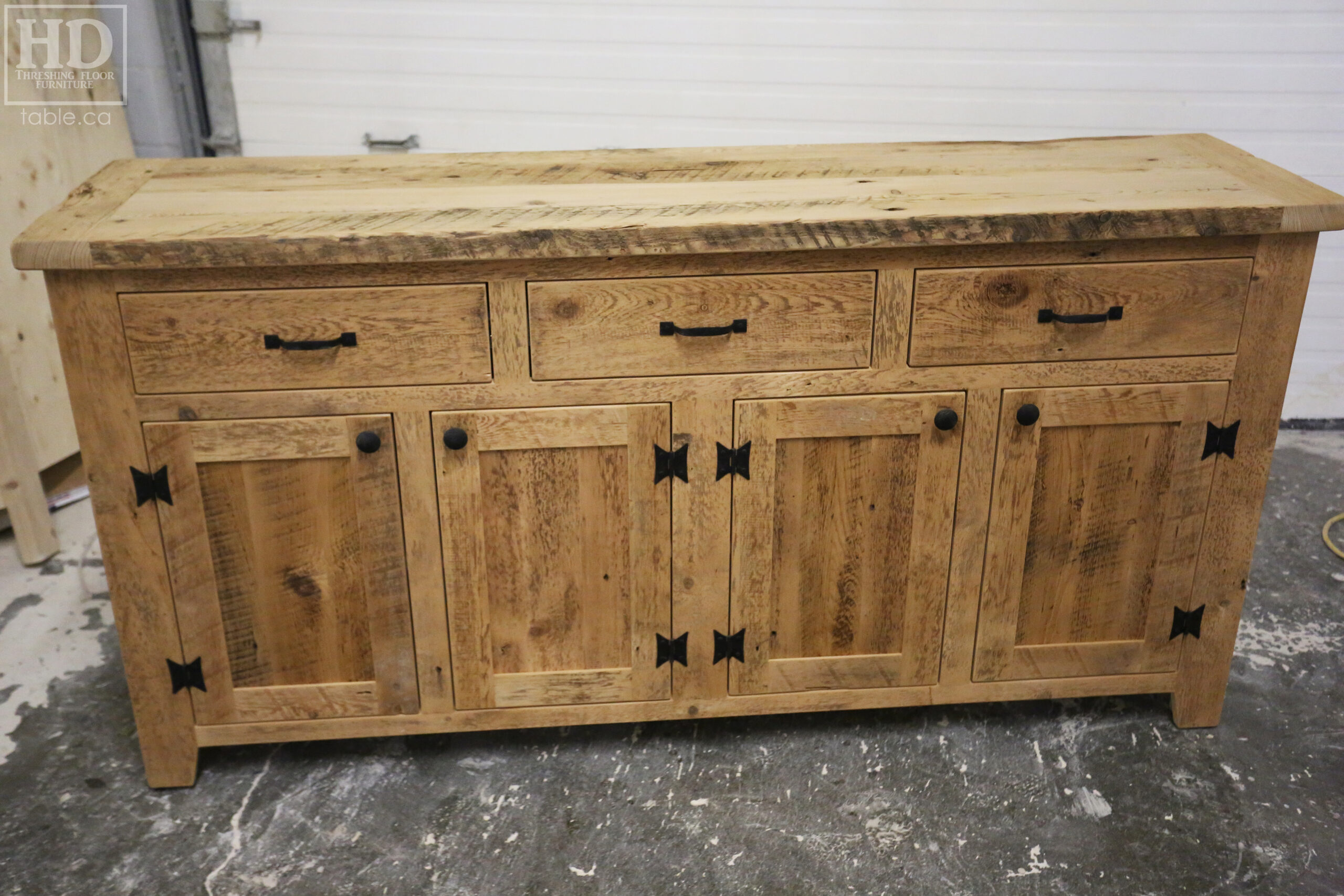 72" Ontario Barnwood Buffet we made for a St. George Home  - 36" height - 18" deep - 3 Top Drawers / 4 Bottom Doors - Interior Shelving - Reclaimed Old Growth Hemlock Threshing Floor + Grainery Board Construction - Original edges + distressing maintained - Lee Valley Hardware - Premium epoxy + matte polyurethane finish - www.table.ca