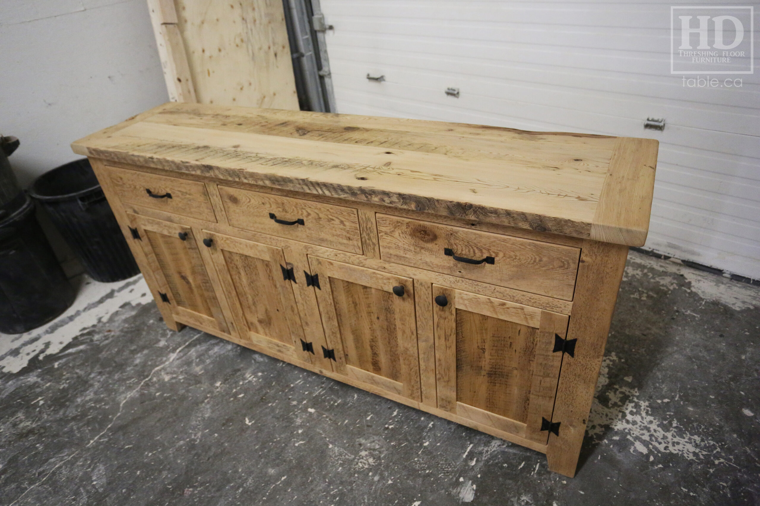 72" Ontario Barnwood Buffet we made for a St. George Home - 36" height - 18" deep - 3 Top Drawers / 4 Bottom Doors - Interior Shelving - Reclaimed Old Growth Hemlock Threshing Floor + Grainery Board Construction - Original edges + distressing maintained - Lee Valley Hardware - Premium epoxy + matte polyurethane finish - www.table.ca