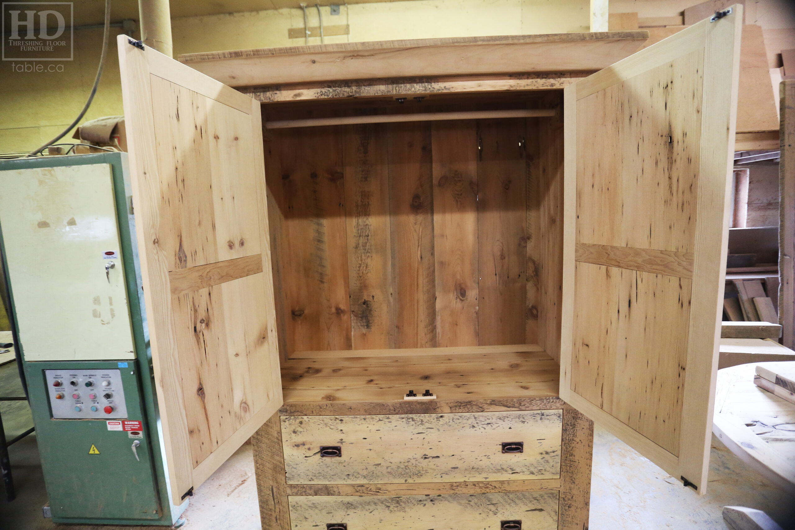 Reclaimed Ontario Barnwood Armoire - Old Growth Hemlock Threshing Floor & Grainery Board Construction - 2 Doors / 2 Drawers - Internal Hanging Option on top portion -  Original edges & distressing maintained - Cast Brass Lee Valley Hardware - Crown Molding - Satin polyurethane finish - www.table.ca