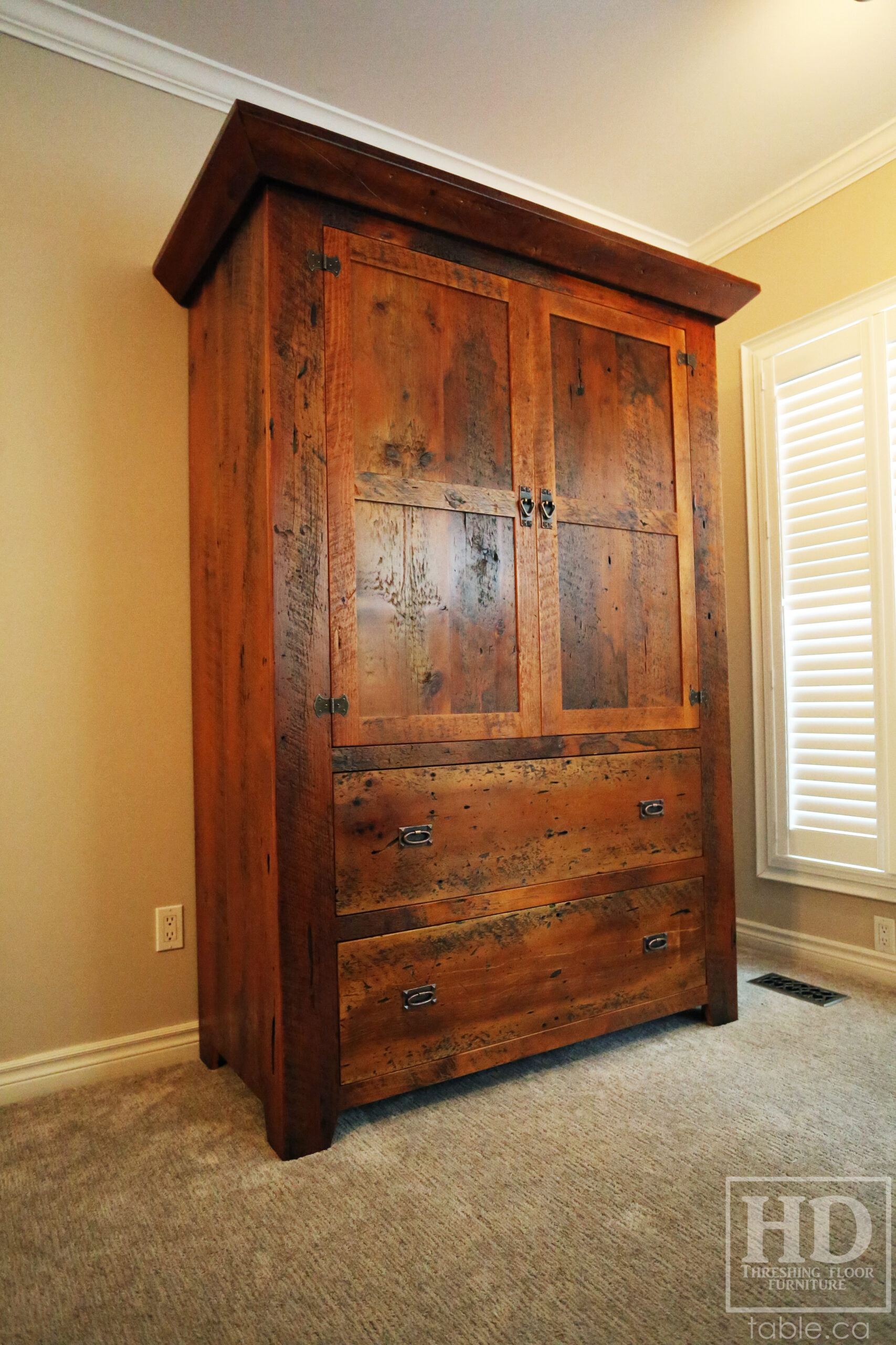 Reclaimed Ontario Barnwood Armoire - Old Growth Hemlock Threshing Floor & Grainery Board Construction - 2 Doors / 2 Drawers - Internal Hanging Option on top portion -  Original edges & distressing maintained - Cast Brass Lee Valley Hardware - Crown Molding - Satin polyurethane finish - www.table.ca
