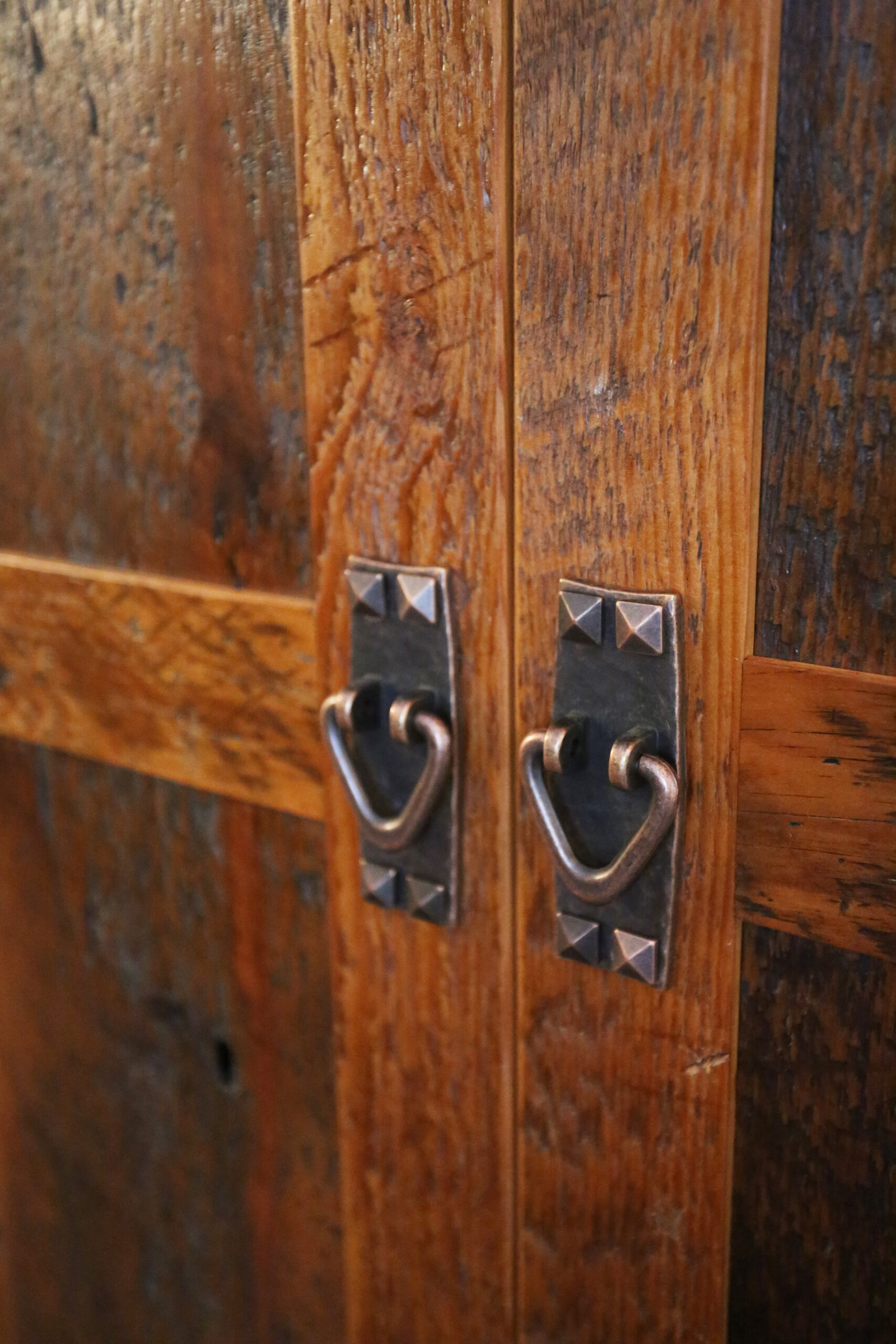 Reclaimed Ontario Barnwood Armoire - Old Growth Hemlock Threshing Floor & Grainery Board Construction - 2 Doors / 2 Drawers - Internal Hanging Option on top portion -  Original edges & distressing maintained - Cast Brass Lee Valley Hardware - Crown Molding - Satin polyurethane finish - www.table.ca