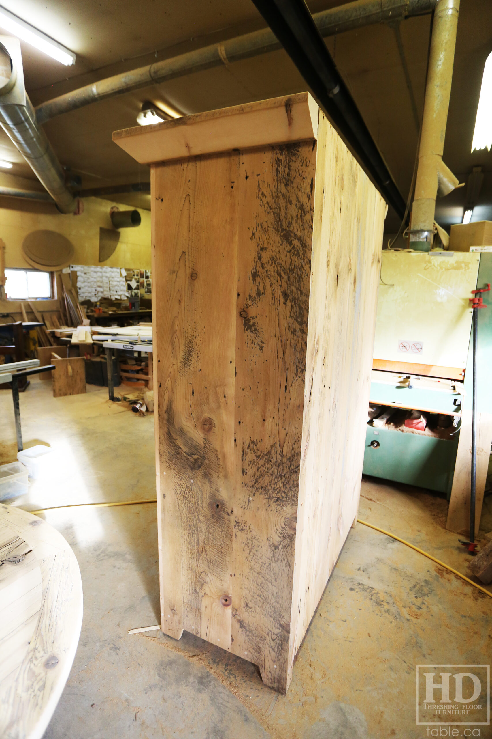 Reclaimed Ontario Barnwood Armoire - Old Growth Hemlock Threshing Floor & Grainery Board Construction - 2 Doors / 2 Drawers - Internal Hanging Option on top portion -  Original edges & distressing maintained - Cast Brass Lee Valley Hardware - Crown Molding - Satin polyurethane finish - www.table.ca