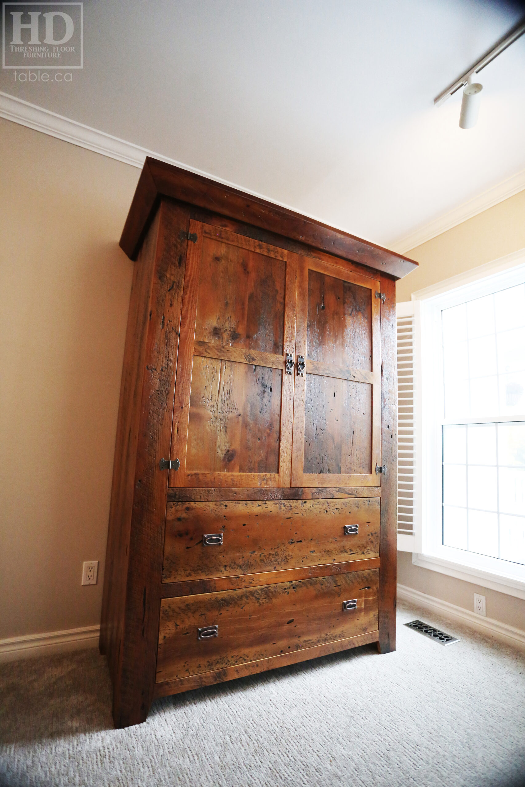 Reclaimed Ontario Barnwood Armoire - Old Growth Hemlock Threshing Floor & Grainery Board Construction - 2 Doors / 2 Drawers - Internal Hanging Option on top portion -  Original edges & distressing maintained - Cast Brass Lee Valley Hardware - Crown Molding - Satin polyurethane finish - www.table.ca