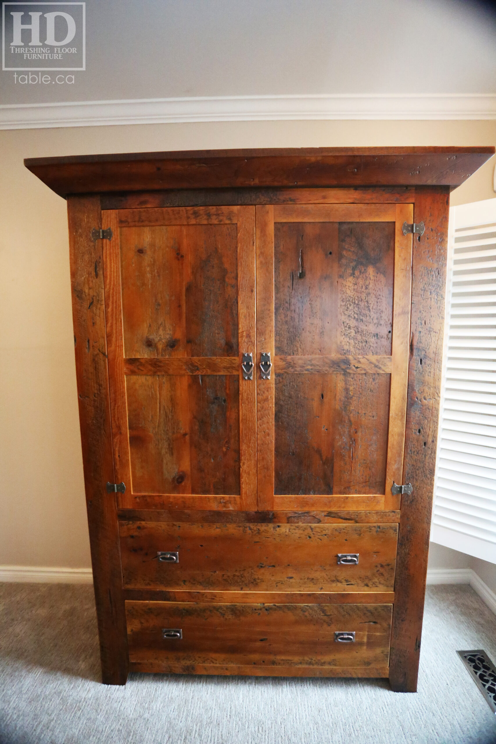 Reclaimed Ontario Barnwood Armoire - Old Growth Hemlock Threshing Floor & Grainery Board Construction - 2 Doors / 2 Drawers - Internal Hanging Option on top portion -  Original edges & distressing maintained - Cast Brass Lee Valley Hardware - Crown Molding - Satin polyurethane finish - www.table.ca