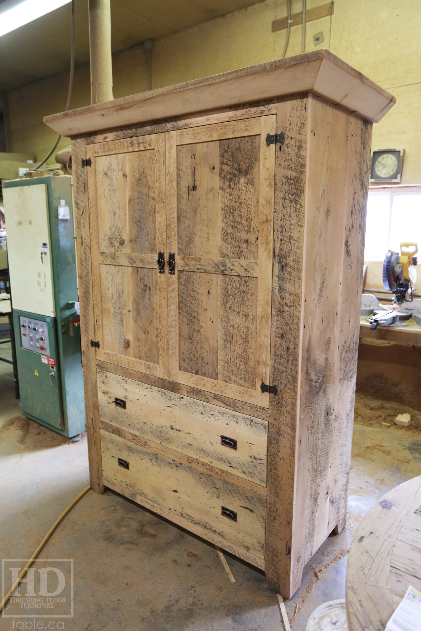 Reclaimed Ontario Barnwood Armoire - Old Growth Hemlock Threshing Floor & Grainery Board Construction - 2 Doors / 2 Drawers - Internal Hanging Option on top portion -  Original edges & distressing maintained - Cast Brass Lee Valley Hardware - Crown Molding - Satin polyurethane finish - www.table.ca