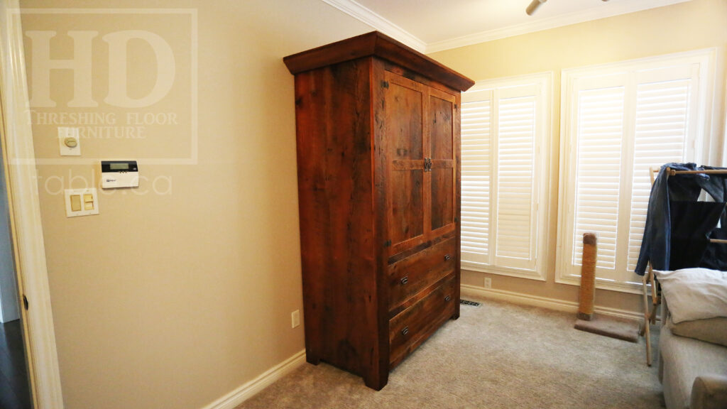 Reclaimed Ontario Barnwood Armoire - Old Growth Hemlock Threshing Floor & Grainery Board Construction - 2 Doors / 2 Drawers - Internal Hanging Option on top portion - Original edges & distressing maintained - Cast Brass Lee Valley Hardware - Crown Molding - Satin polyurethane finish - www.table.ca