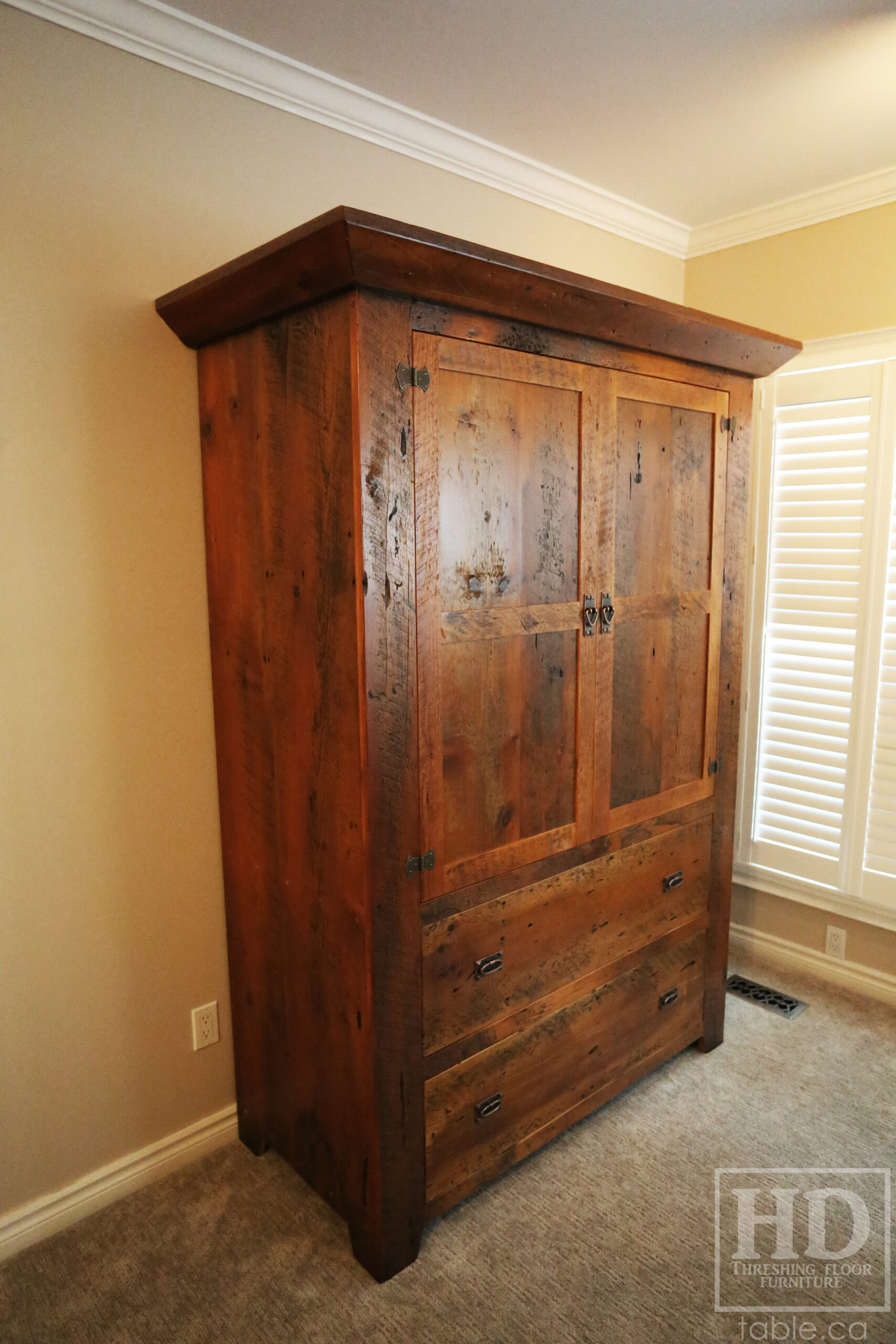 Reclaimed Ontario Barnwood Armoire - Old Growth Hemlock Threshing Floor & Grainery Board Construction - 2 Doors / 2 Drawers - Internal Hanging Option on top portion - Original edges & distressing maintained - Cast Brass Lee Valley Hardware - Crown Molding - Satin polyurethane finish - www.table.ca