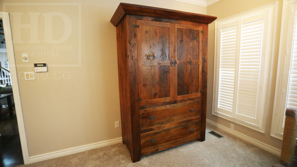 Reclaimed Ontario Barnwood Armoire - Old Growth Hemlock Threshing Floor & Grainery Board Construction - 2 Doors / 2 Drawers - Internal Hanging Option on top portion -  Original edges & distressing maintained - Cast Brass Lee Valley Hardware - Crown Molding - Satin polyurethane finish - www.table.ca