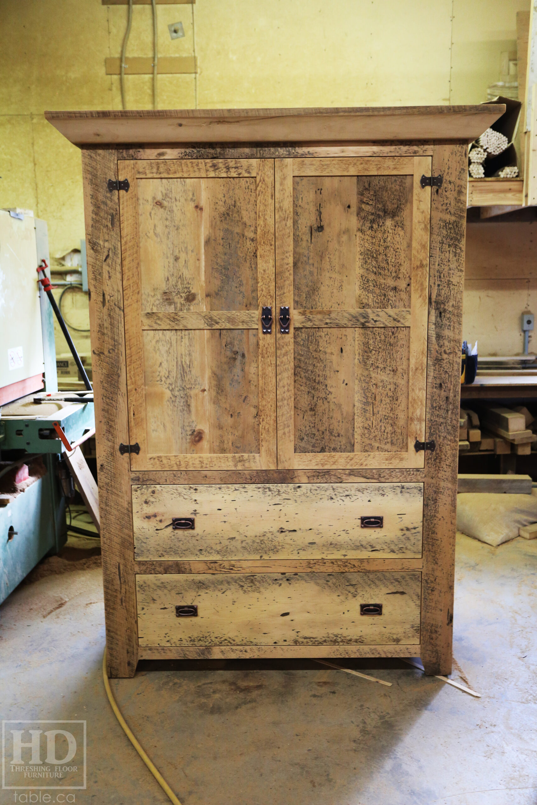 Reclaimed Ontario Barnwood Armoire - Old Growth Hemlock Threshing Floor & Grainery Board Construction - 2 Doors / 2 Drawers - Internal Hanging Option on top portion -  Original edges & distressing maintained - Cast Brass Lee Valley Hardware - Crown Molding - Satin polyurethane finish - www.table.ca