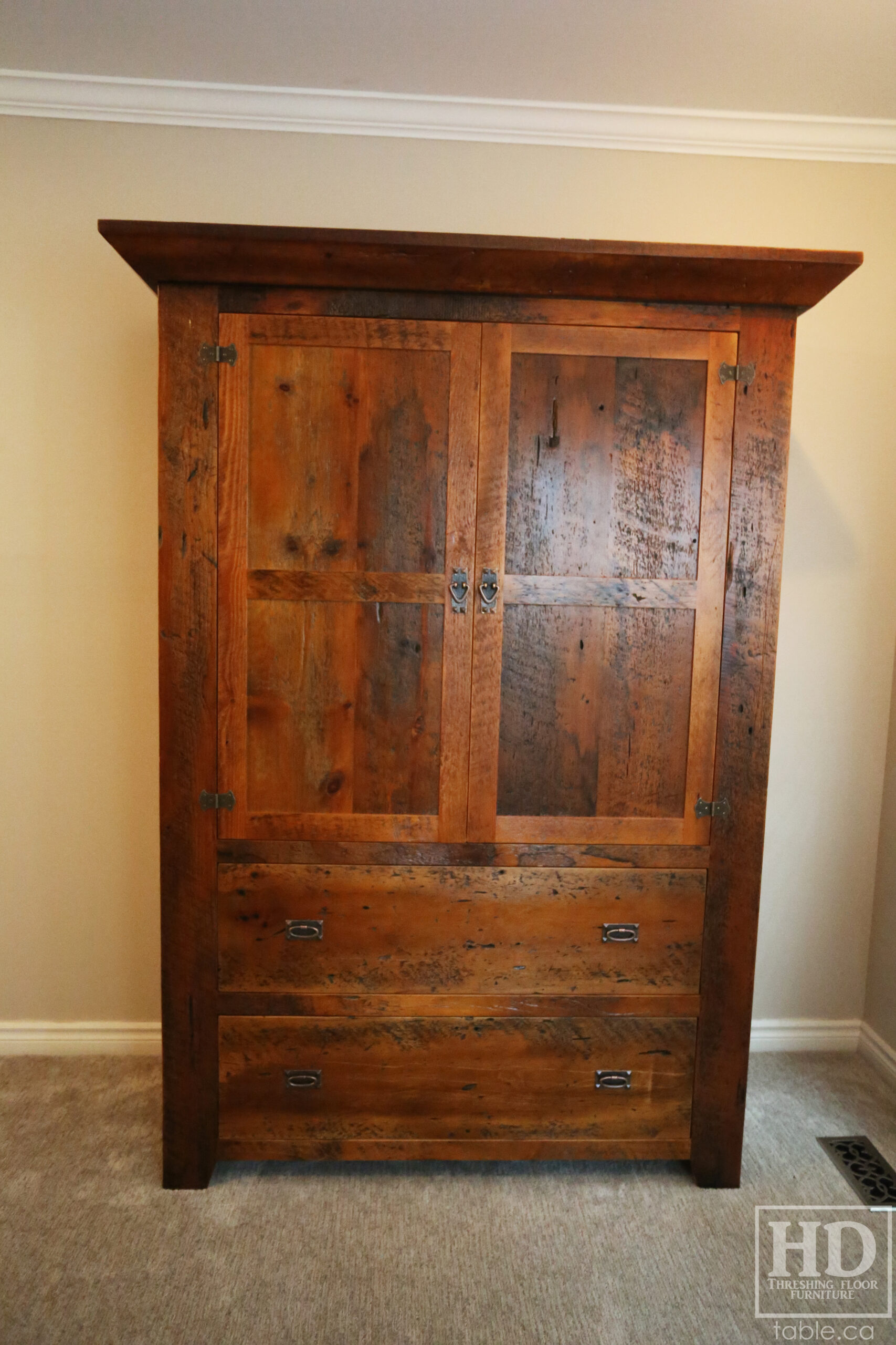 Reclaimed Ontario Barnwood Armoire - Old Growth Hemlock Threshing Floor & Grainery Board Construction - 2 Doors / 2 Drawers - Internal Hanging Option on top portion -  Original edges & distressing maintained - Cast Brass Lee Valley Hardware - Crown Molding - Satin polyurethane finish - www.table.ca