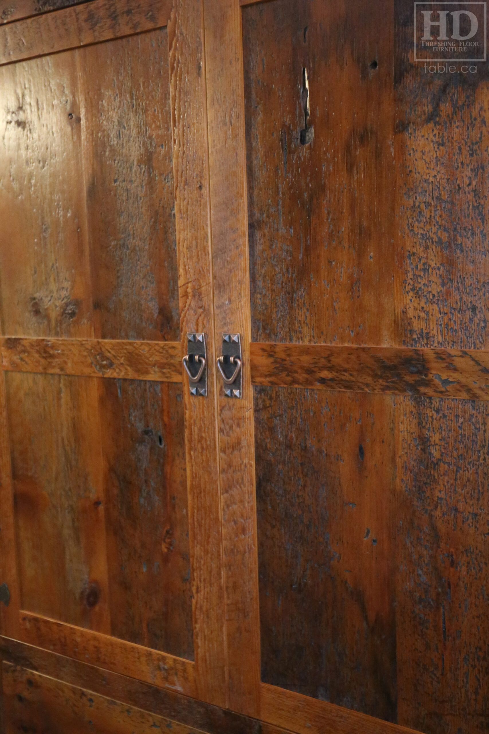 Reclaimed Ontario Barnwood Armoire - Old Growth Hemlock Threshing Floor & Grainery Board Construction - 2 Doors / 2 Drawers - Internal Hanging Option on top portion -  Original edges & distressing maintained - Cast Brass Lee Valley Hardware - Crown Molding - Satin polyurethane finish - www.table.ca