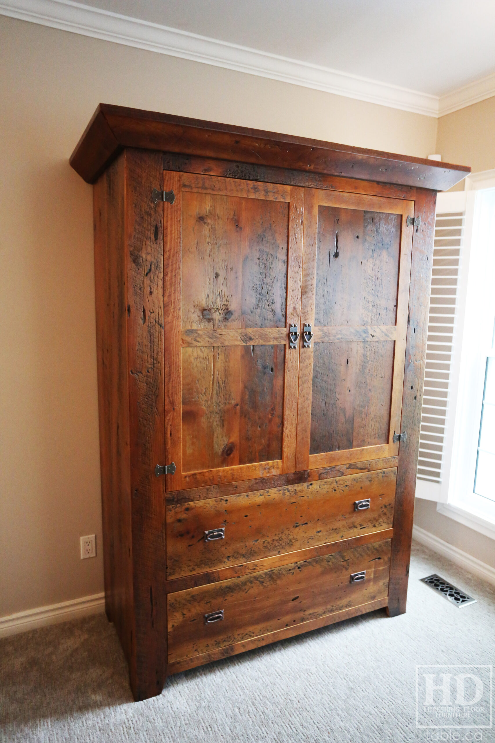 Reclaimed Ontario Barnwood Armoire - Old Growth Hemlock Threshing Floor & Grainery Board Construction - 2 Doors / 2 Drawers - Internal Hanging Option on top portion -  Original edges & distressing maintained - Cast Brass Lee Valley Hardware - Crown Molding - Satin polyurethane finish - www.table.ca