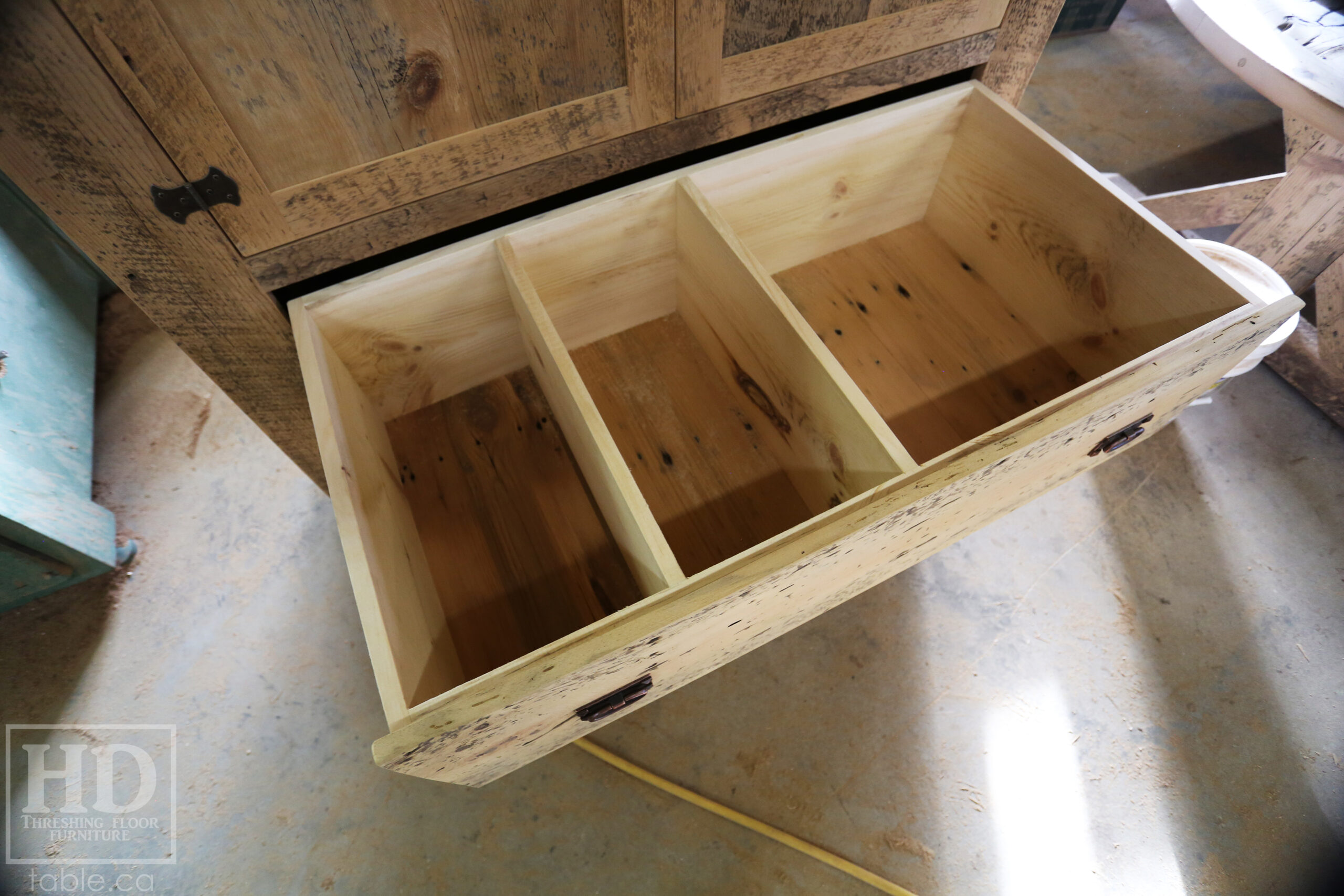 Reclaimed Ontario Barnwood Armoire - Old Growth Hemlock Threshing Floor & Grainery Board Construction - 2 Doors / 2 Drawers - Internal Hanging Option on top portion -  Original edges & distressing maintained - Cast Brass Lee Valley Hardware - Crown Molding - Satin polyurethane finish - www.table.ca