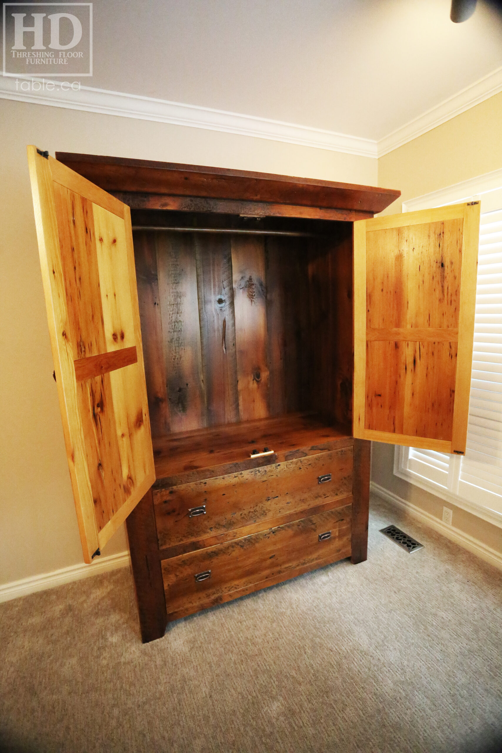 Reclaimed Ontario Barnwood Armoire - Old Growth Hemlock Threshing Floor & Grainery Board Construction - 2 Doors / 2 Drawers - Internal Hanging Option on top portion -  Original edges & distressing maintained - Cast Brass Lee Valley Hardware - Crown Molding - Satin polyurethane finish - www.table.ca