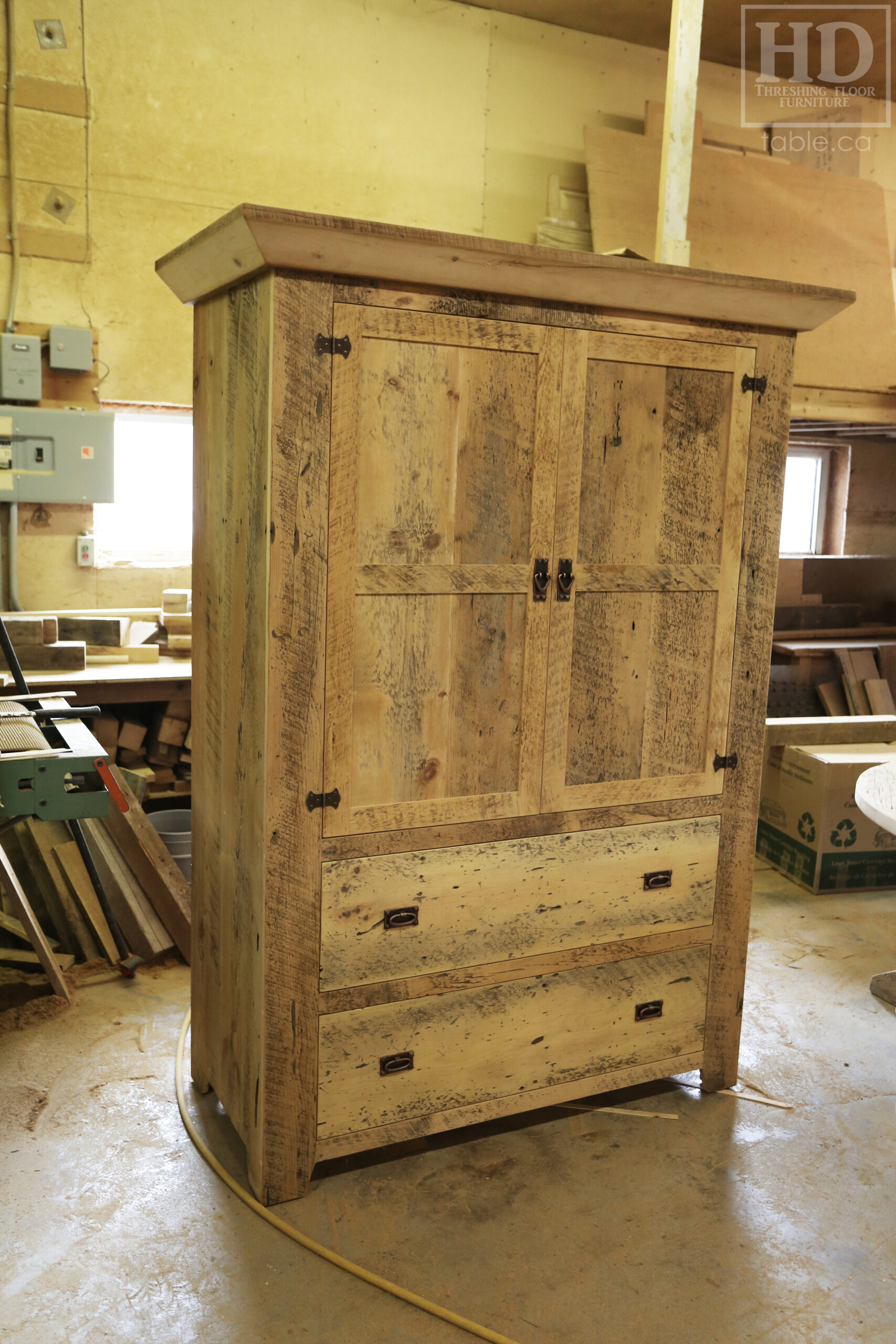 Reclaimed Ontario Barnwood Armoire - Old Growth Hemlock Threshing Floor & Grainery Board Construction - 2 Doors / 2 Drawers - Internal Hanging Option on top portion -  Original edges & distressing maintained - Cast Brass Lee Valley Hardware - Crown Molding - Satin polyurethane finish - www.table.ca