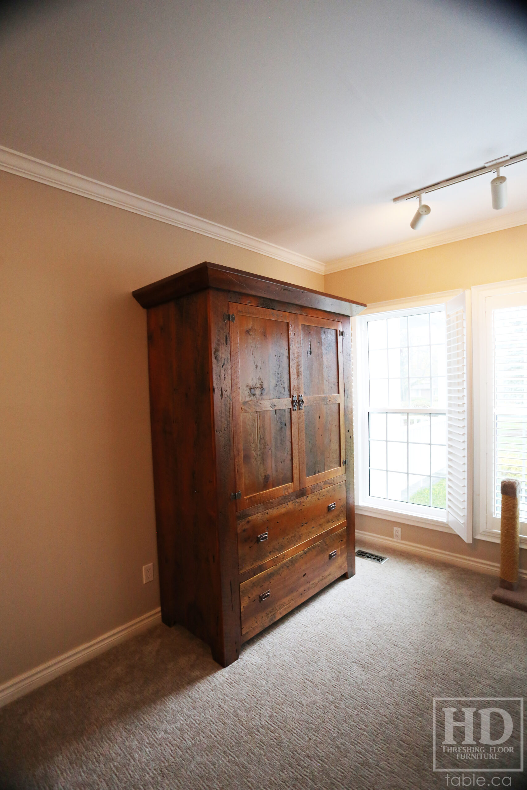 Reclaimed Ontario Barnwood Armoire - Old Growth Hemlock Threshing Floor & Grainery Board Construction - 2 Doors / 2 Drawers - Internal Hanging Option on top portion -  Original edges & distressing maintained - Cast Brass Lee Valley Hardware - Crown Molding - Satin polyurethane finish - www.table.ca