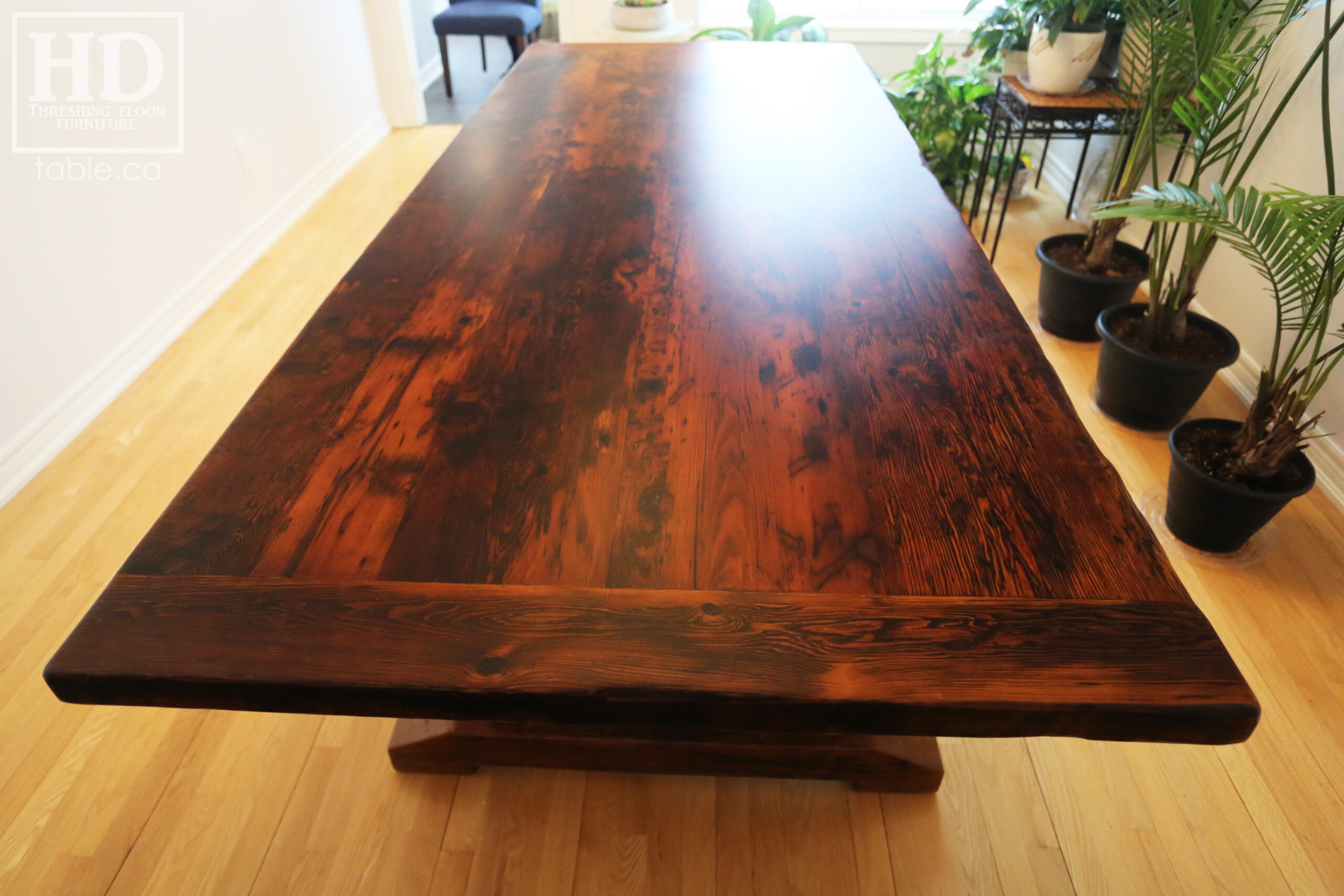 8.5' Ontario Barnwood Boardroom Table we made for a Barrie Company - 42" wide - Sawbuck Base - Old Growth Hemlock Threshing Floor Construction - Original edges & distressing maintained - Premium epoxy + matte polyurethane finish  - www.table.ca