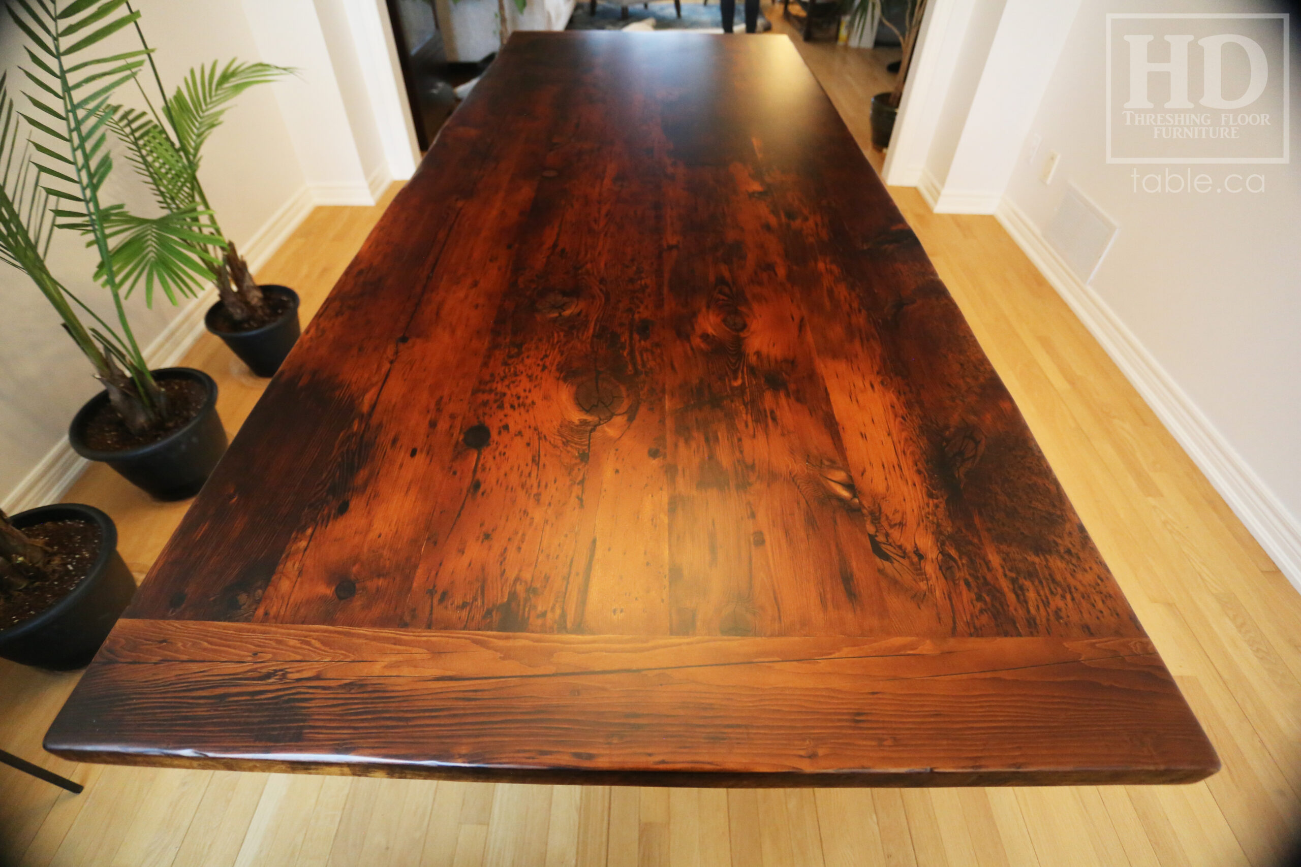 8.5' Ontario Barnwood Boardroom Table we made for a Barrie Company - 42" wide - Sawbuck Base - Old Growth Hemlock Threshing Floor Construction - Original edges & distressing maintained - Premium epoxy + matte polyurethane finish  - www.table.ca