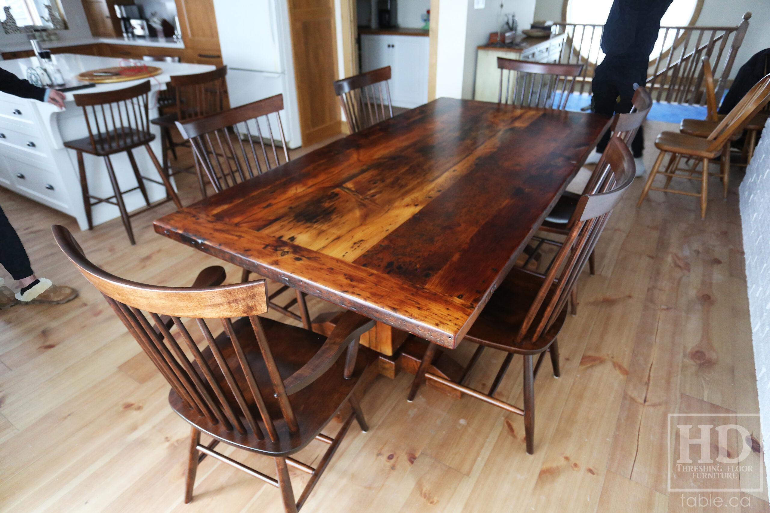 7' Reclaimed Ontario Barnwood Pedestal Table we made for a Bala home - Hand Hewn Posts Base - Old Growth Pine Threshing Floor Construction - Original edges & distressing maintained - Premium epoxy + satin polyurethane finish - [6] Shaker Chairs / Wormy Maple - [3] Shaker Stools - www.table.ca