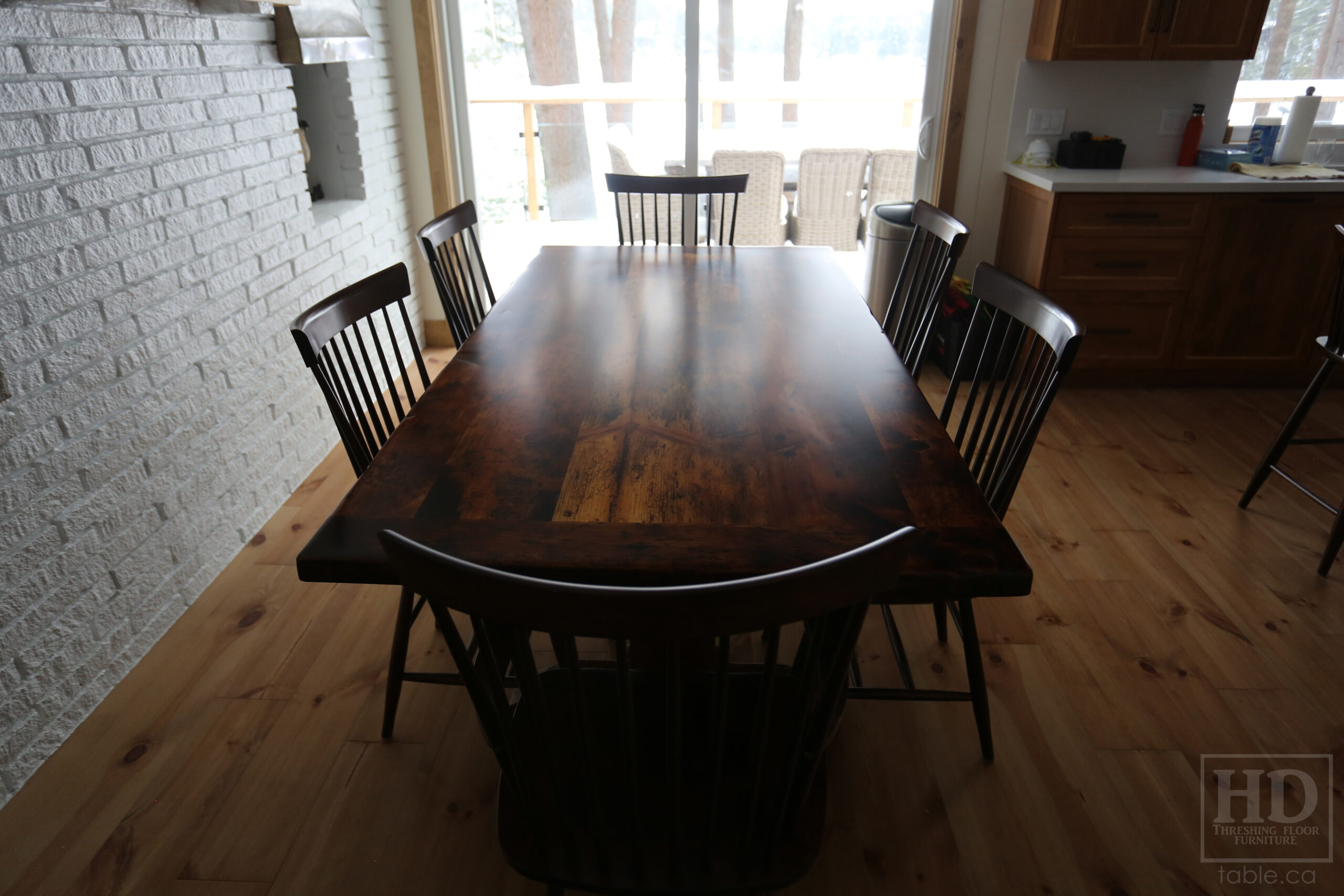 7' Reclaimed Ontario Barnwood Pedestal Table we made for a Bala home - Hand Hewn Posts Base - Old Growth Pine Threshing Floor Construction - Original edges & distressing maintained - Premium epoxy + satin polyurethane finish - [6] Shaker Chairs / Wormy Maple - [3] Shaker Stools - www.table.ca