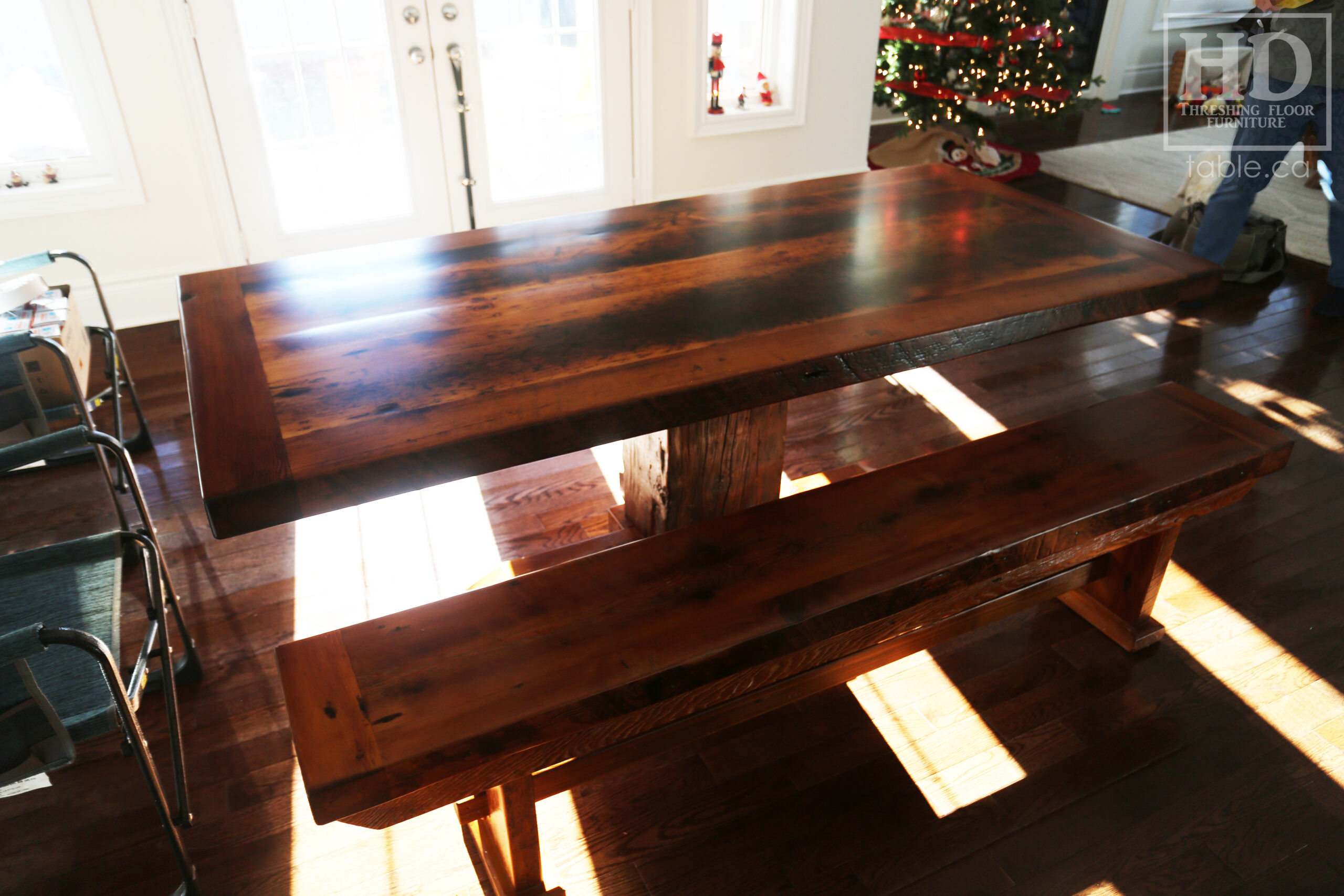 6' Ontario Barnwood Pedestal Table we made for a Barrie Ontario Home - 36" wide - Extra thick 3" Joist Material Option Top - Hand Hewn Beam Pedestal Post - Hemlock Threshing Floor Construction - Original edges & distressing maintained - Premium epoxy + satin polyurethane finish - [Matching] 6' Bench - / www.table.ca