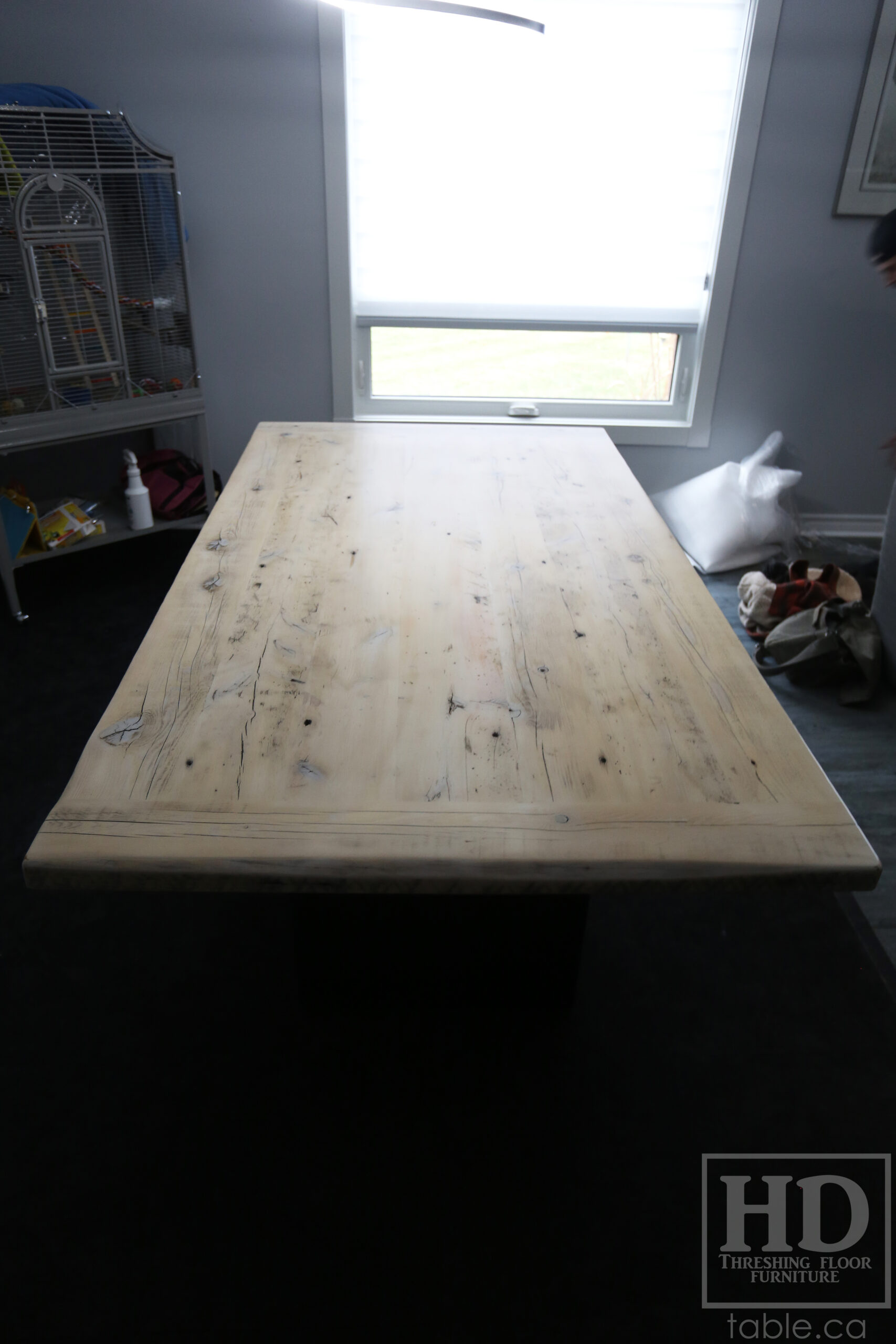 6.5' Ontario Barnwood Table we made for a Brantford Home - 42" wide - Modern Plank Posts Base - Old Growth Hemlock Threshing Floor Construction - Original edges & distressing maintained - Bleached Option - Premium epoxy + satin polyurethane finish - www.table.ca