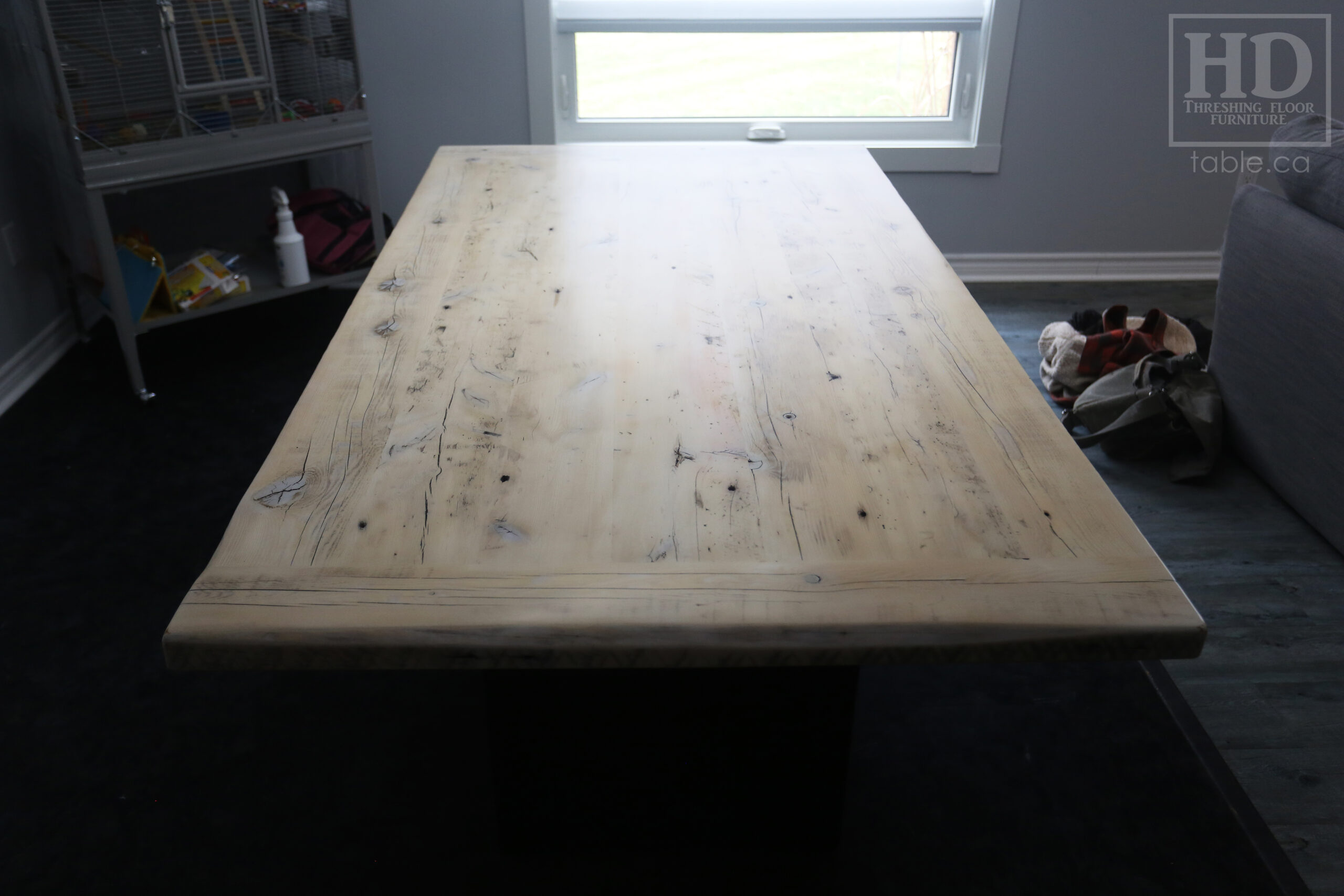 6.5' Ontario Barnwood Table we made for a Brantford Home - 42" wide - Modern Plank Posts Base - Old Growth Hemlock Threshing Floor Construction - Original edges & distressing maintained - Bleached Option - Premium epoxy + satin polyurethane finish - www.table.ca