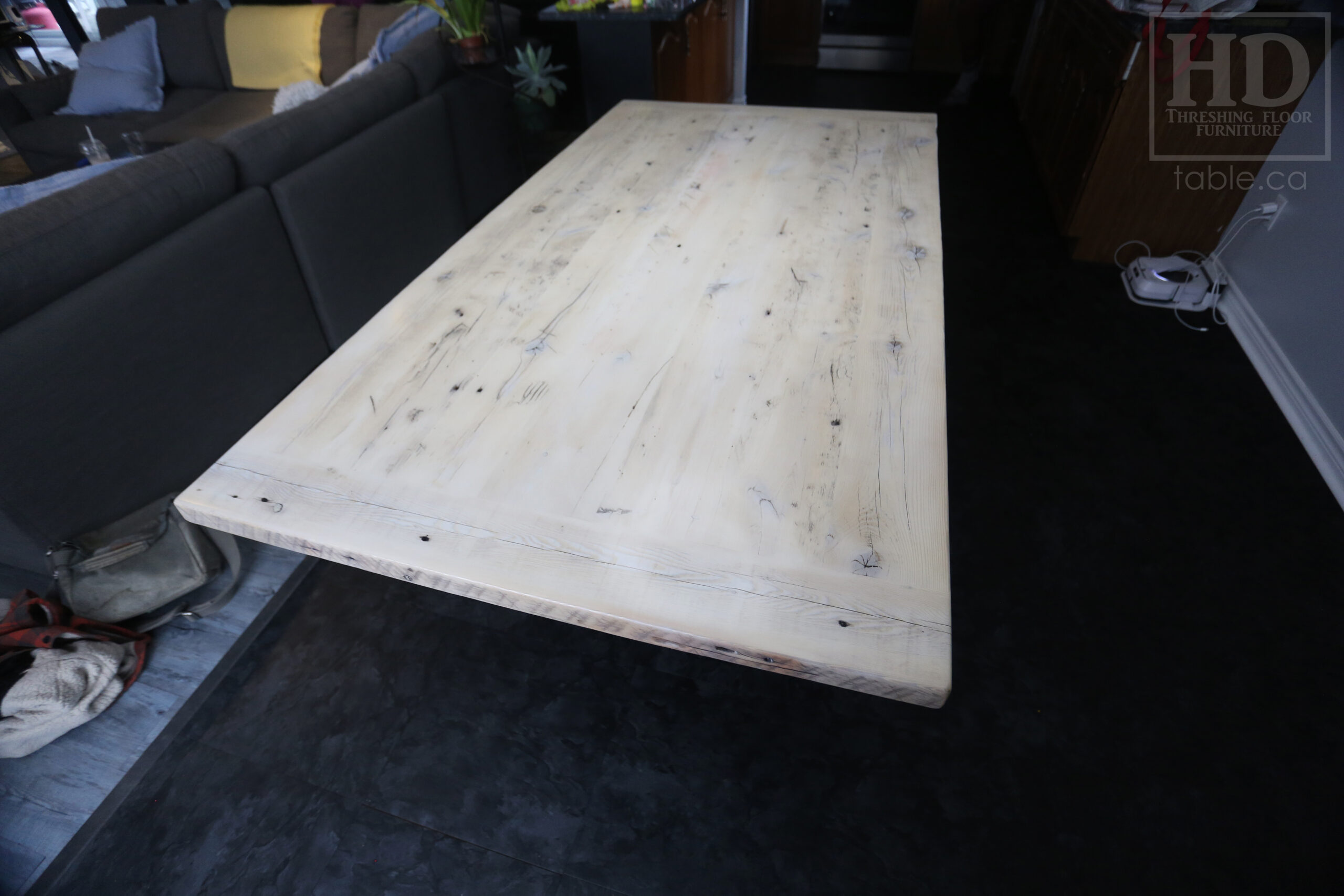 6.5' Ontario Barnwood Table we made for a Brantford Home - 42" wide - Modern Plank Posts Base - Old Growth Hemlock Threshing Floor Construction - Original edges & distressing maintained - Bleached Option - Premium epoxy + satin polyurethane finish - www.table.ca