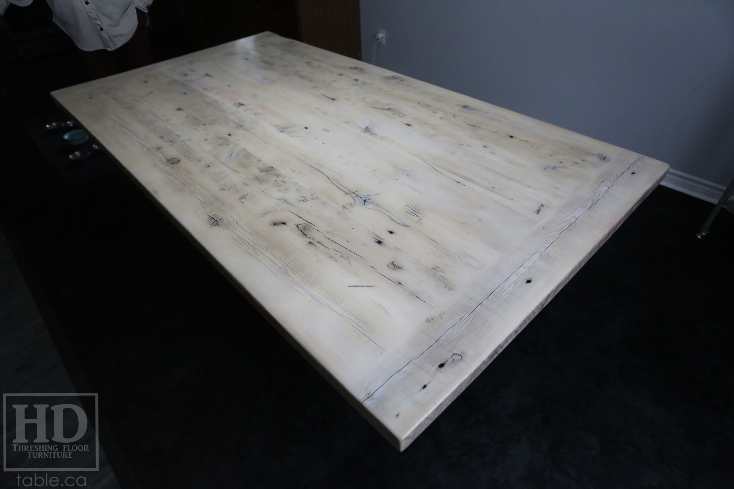 6.5' Ontario Barnwood Table we made for a Brantford Home - 42" wide - Modern Plank Posts Base - Old Growth Hemlock Threshing Floor Construction - Original edges & distressing maintained - Bleached Option - Premium epoxy + satin polyurethane finish - www.table.ca