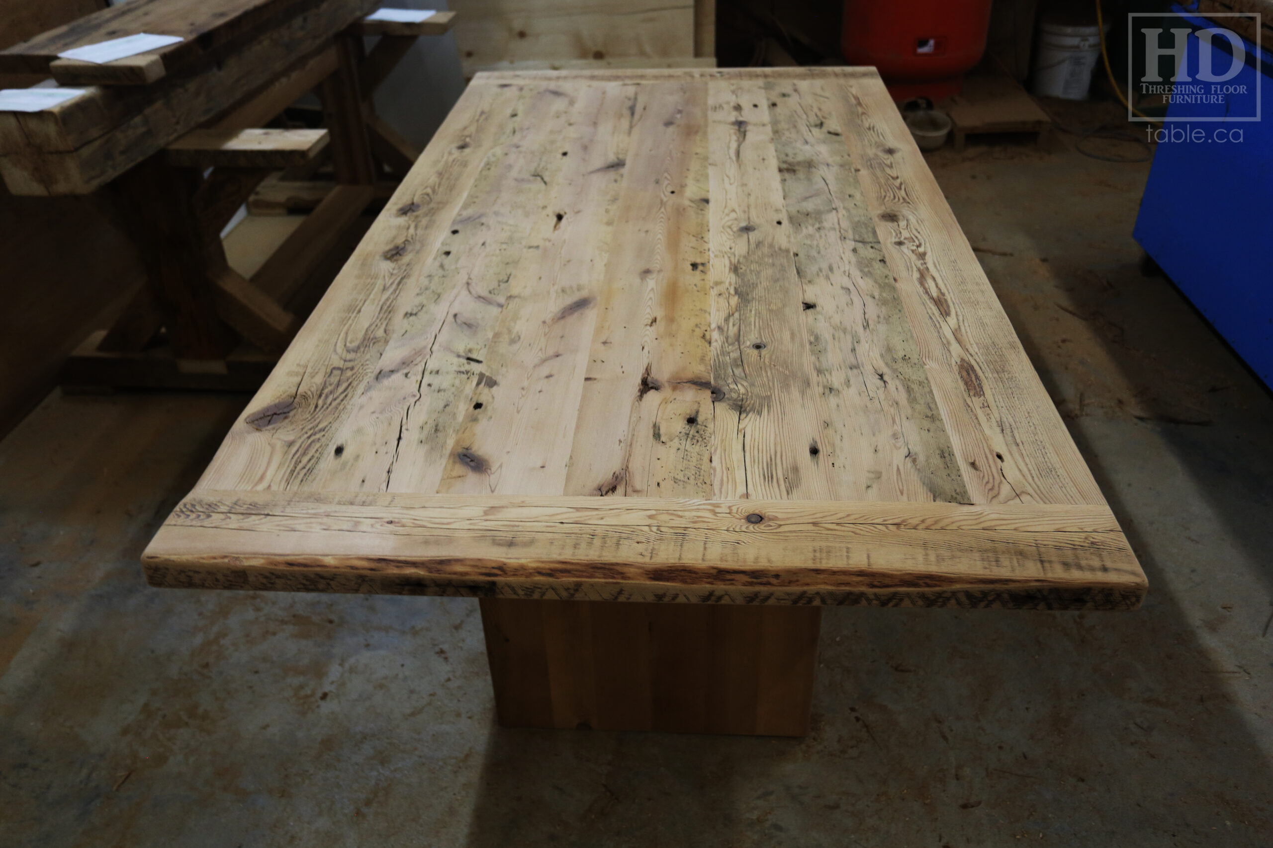 6.5' Ontario Barnwood Table we made for a Brantford Home - 42" wide - Modern Plank Posts Base - Old Growth Hemlock Threshing Floor Construction - Original edges & distressing maintained - Bleached Option - Premium epoxy + satin polyurethane finish - www.table.ca