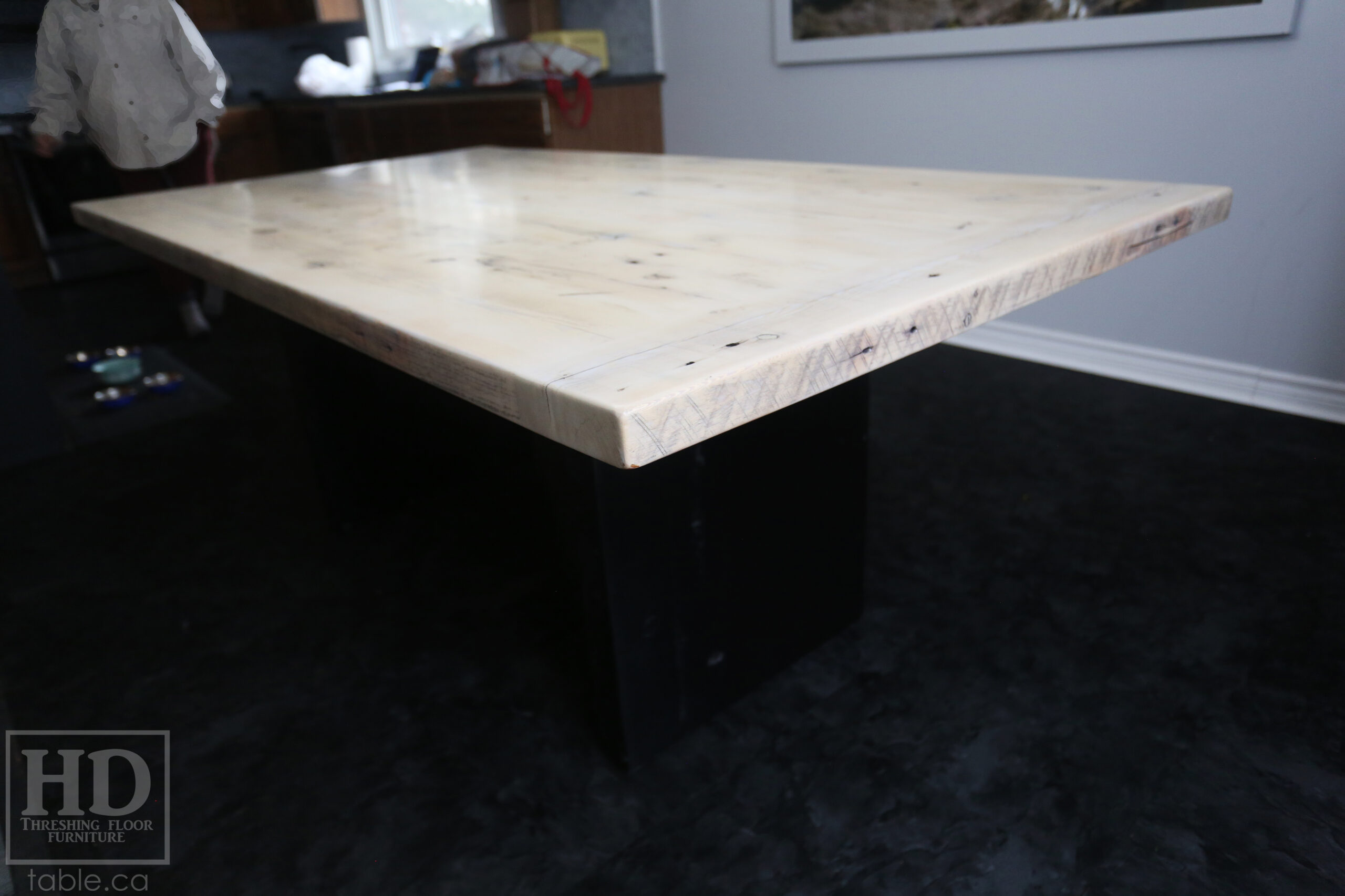 6.5' Ontario Barnwood Table we made for a Brantford Home - 42" wide - Modern Plank Posts Base - Old Growth Hemlock Threshing Floor Construction - Original edges & distressing maintained - Bleached Option - Premium epoxy + satin polyurethane finish - www.table.ca