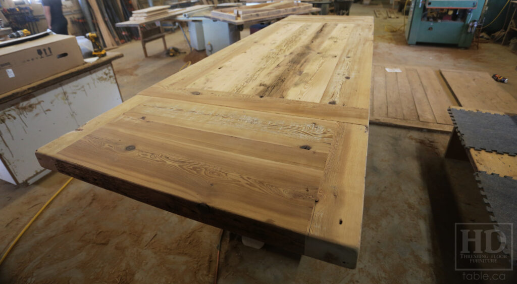 7' Reclaimed Ontario Barnwood Table we made for a Goderich home - 39" wide - 36" height - 3" Joist Material Top Option - Metal U Shaped Matte Black Base - Old Growth Hemlock Threshing Floor Construction - Original edges & distressing maintained - Premium epoxy + satin polyurethane finish - Two 18" Leaves - www.table.ca