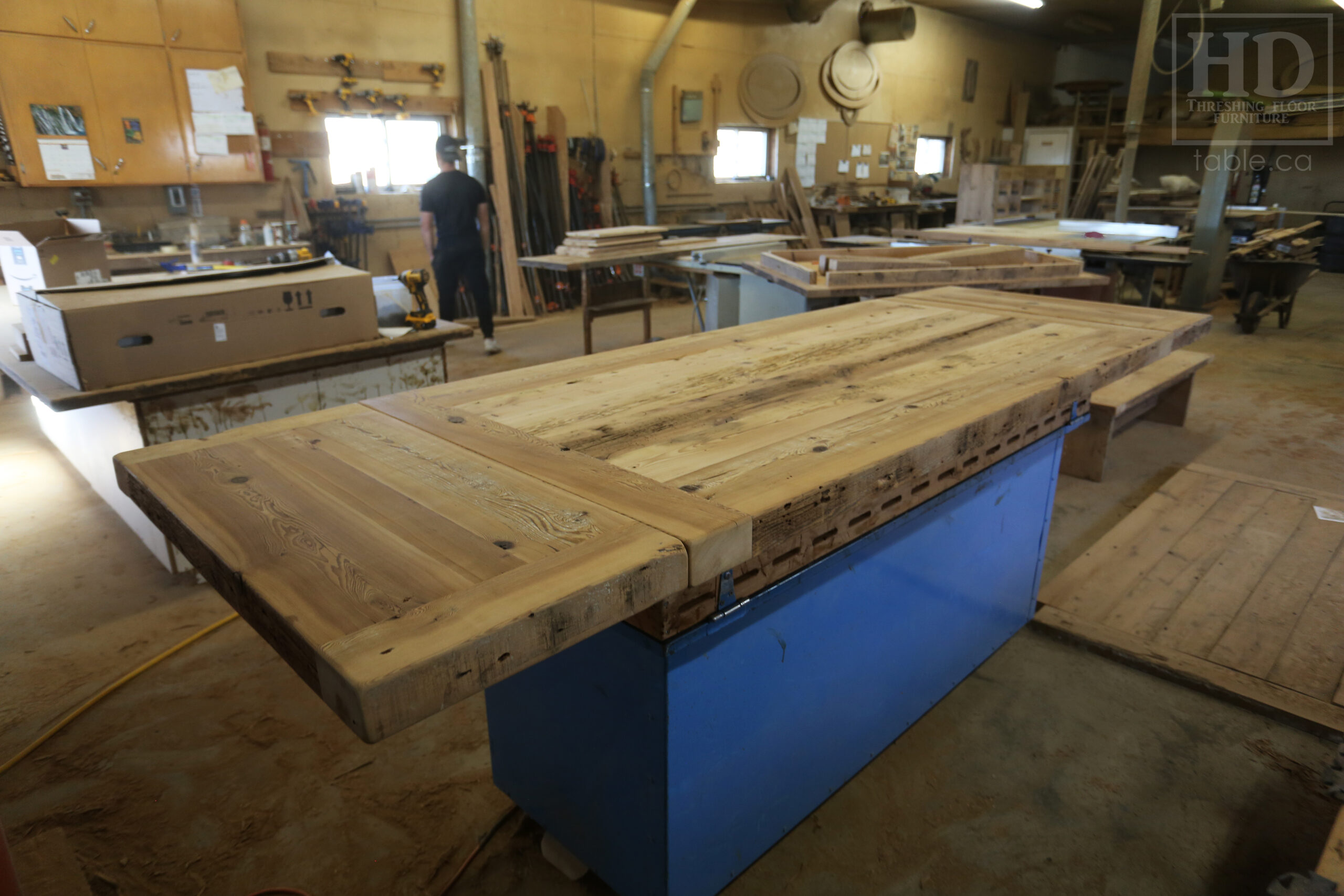 7' Reclaimed Ontario Barnwood Table we made for a Goderich home - 39" wide - 36" height - 3" Joist Material Top Option - Metal U Shaped Matte Black Base - Old Growth Hemlock Threshing Floor Construction - Original edges & distressing maintained - Premium epoxy + satin polyurethane finish - Two 18" Leaves - www.table.ca