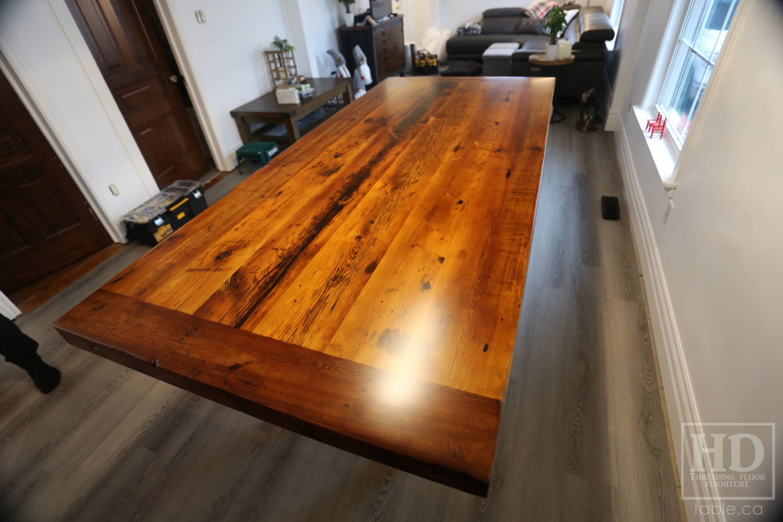 7' Reclaimed Ontario Barnwood Table we made for a Goderich home - 39" wide - 36" height - 3" Joist Material Top Option - Metal U Shaped Matte Black Base - Old Growth Hemlock Threshing Floor Construction - Original edges & distressing maintained - Premium epoxy + satin polyurethane finish - Two 18" Leaves - www.table.ca