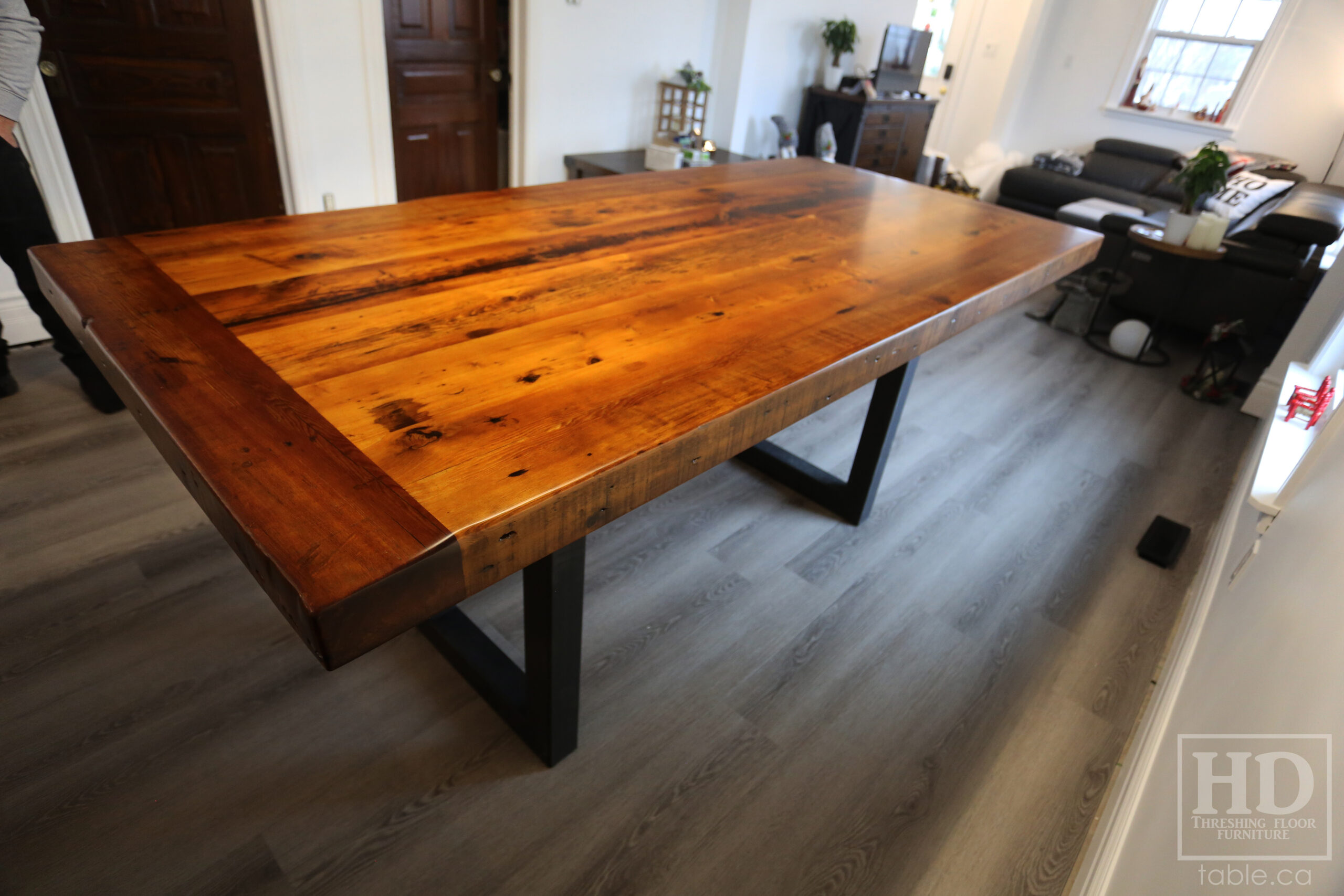 7' Reclaimed Ontario Barnwood Table we made for a Goderich home - 39" wide - 36" height - 3" Joist Material Top Option - Metal U Shaped Matte Black Base - Old Growth Hemlock Threshing Floor Construction - Original edges & distressing maintained - Premium epoxy + satin polyurethane finish - Two 18" Leaves - www.table.ca