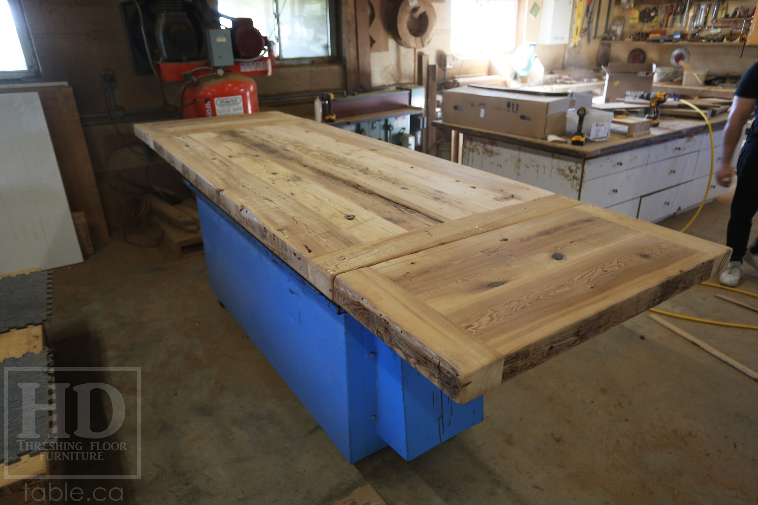 7' Reclaimed Ontario Barnwood Table we made for a Goderich home - 39" wide - 36" height - 3" Joist Material Top Option - Metal U Shaped Matte Black Base - Old Growth Hemlock Threshing Floor Construction - Original edges & distressing maintained - Premium epoxy + satin polyurethane finish - Two 18" Leaves - www.table.ca