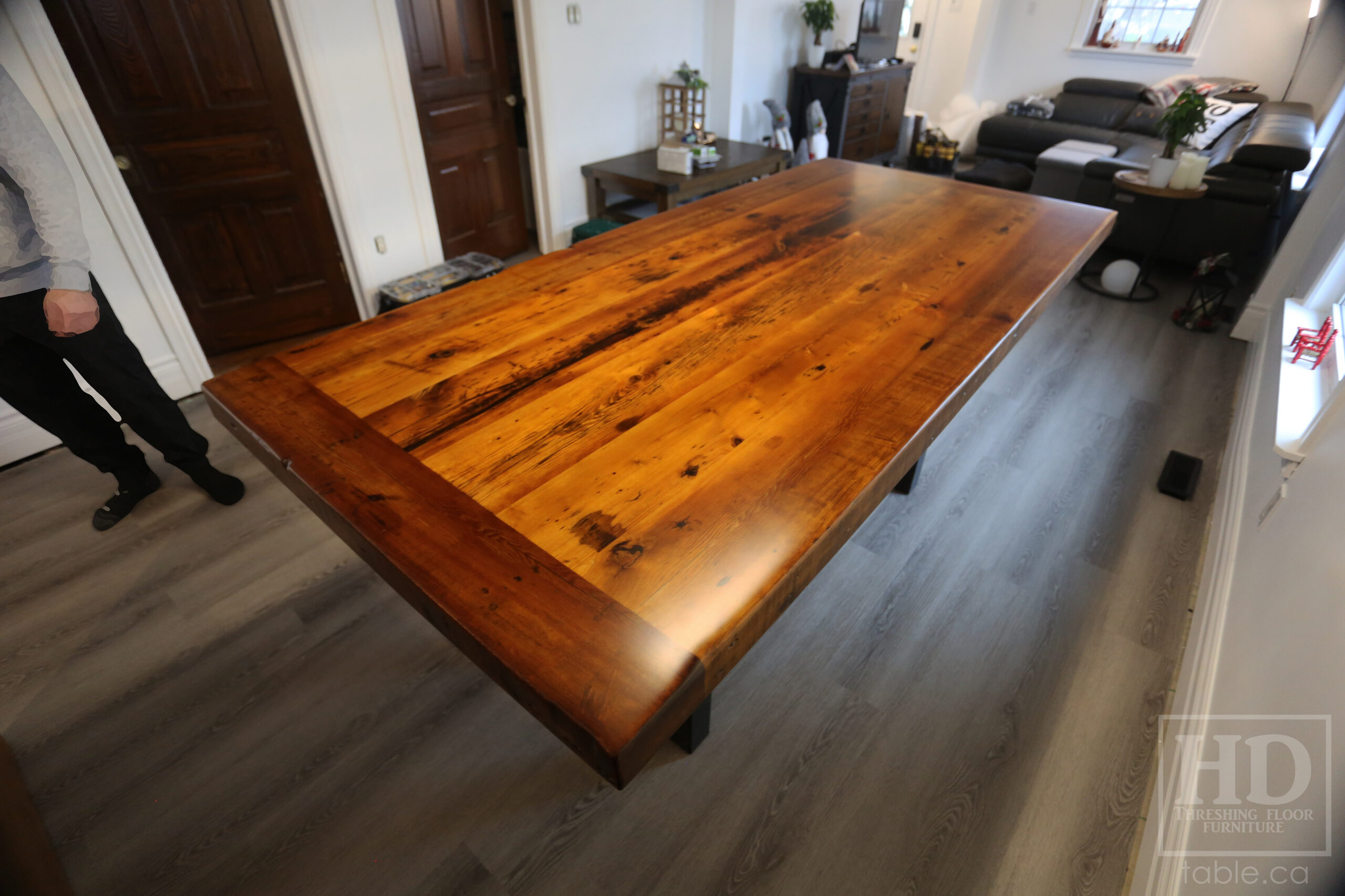 7' Reclaimed Ontario Barnwood Table we made for a Goderich home - 39" wide - 36" height - 3" Joist Material Top Option - Metal U Shaped Matte Black Base - Old Growth Hemlock Threshing Floor Construction - Original edges & distressing maintained - Premium epoxy + satin polyurethane finish - Two 18" Leaves - www.table.ca