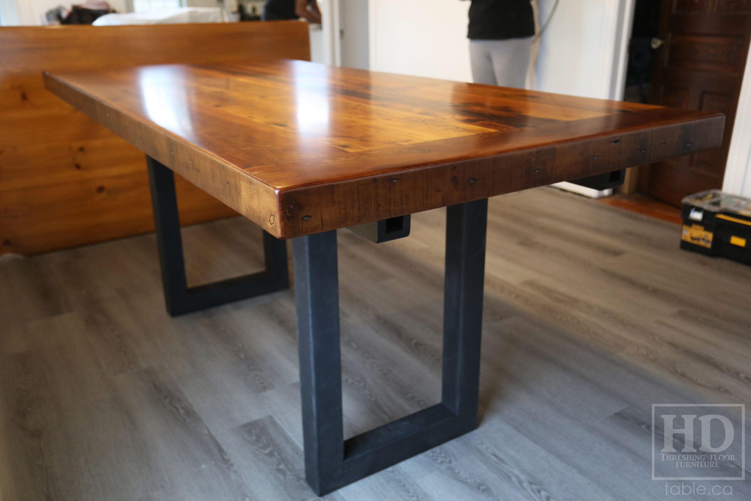 7' Reclaimed Ontario Barnwood Table we made for a Goderich home - 39" wide - 36" height - 3" Joist Material Top Option - Metal U Shaped Matte Black Base - Old Growth Hemlock Threshing Floor Construction - Original edges & distressing maintained - Premium epoxy + satin polyurethane finish - Two 18" Leaves - www.table.ca