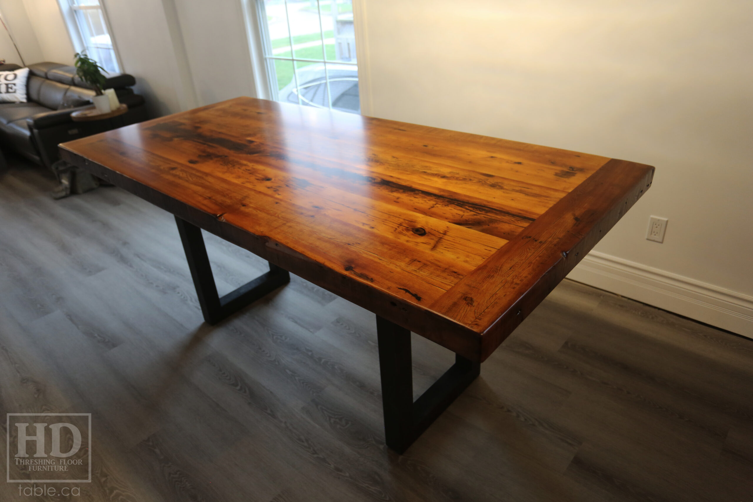 7' Reclaimed Ontario Barnwood Table we made for a Goderich home - 39" wide - 36" height - 3" Joist Material Top Option - Metal U Shaped Matte Black Base - Old Growth Hemlock Threshing Floor Construction - Original edges & distressing maintained - Premium epoxy + satin polyurethane finish - Two 18" Leaves - www.table.ca