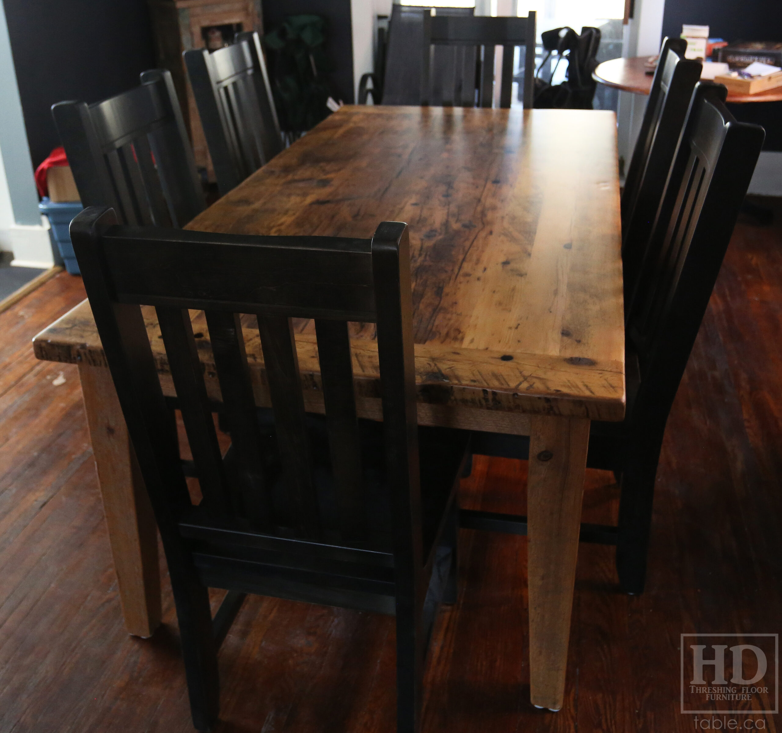 7' Reclaimed Ontario Barnwood Table we made for a London home - 42" deep - Harvest Base: Tapered Windbrace Beam Legs Option - Old Growth Hemlock Threshing Floor Construction - Original edges & distressing maintained - Greytone Option - Premium epoxy + matte polyurethane finish - 6 Strongback Chairs / Wormy Maple - www.table.ca