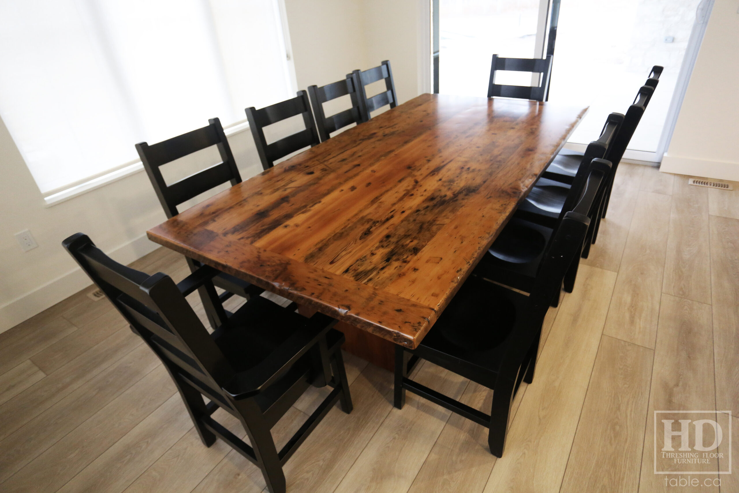 8' Reclaimed Ontario Barnwood Table we made for a Tilsonburg home - 48" wide - Plank Base Option - Old Growth Hemlock Threshing Floor Construction - Original edges & distressing maintained - Premium epoxy + satin polyurethane finish - Greytone Option - Solid Black Painted Wormy Maple Ladder Back Chairs - www.table.ca