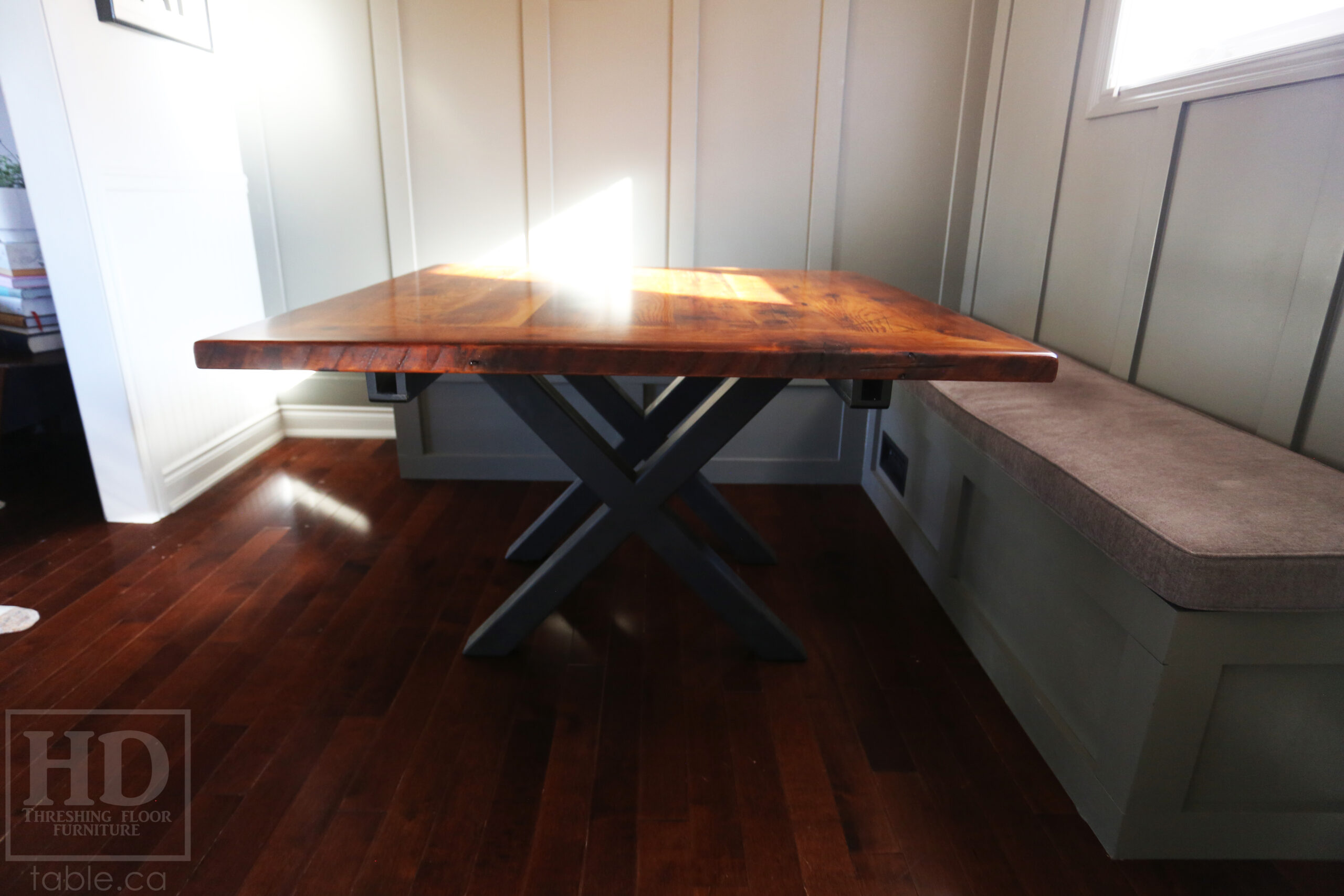 50" x 50" Ontario Barnwood Table we made for a Toronto Company - X Shaped Metal Base - Mitred Corners - Reclaimed Old Growth Hemlock Threshing Floor Construction - Original edges & distressing maintained - Premium epoxy + satin polyurethane finish  - One 18" Leaf Extension - www.table.ca