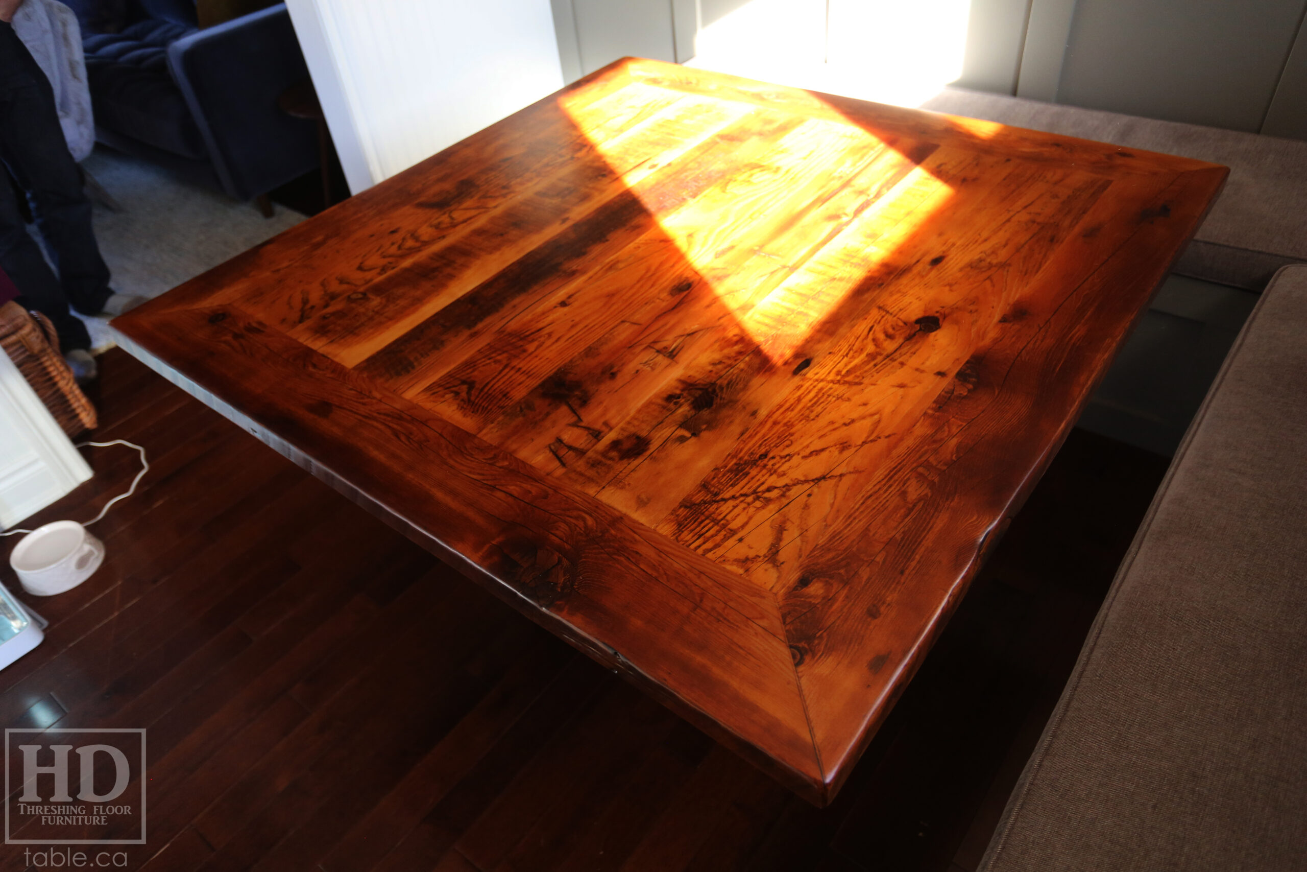 50" x 50" Ontario Barnwood Table we made for a Toronto Company - X Shaped Metal Base - Mitred Corners - Reclaimed Old Growth Hemlock Threshing Floor Construction - Original edges & distressing maintained - Premium epoxy + satin polyurethane finish  - One 18" Leaf Extension - www.table.ca