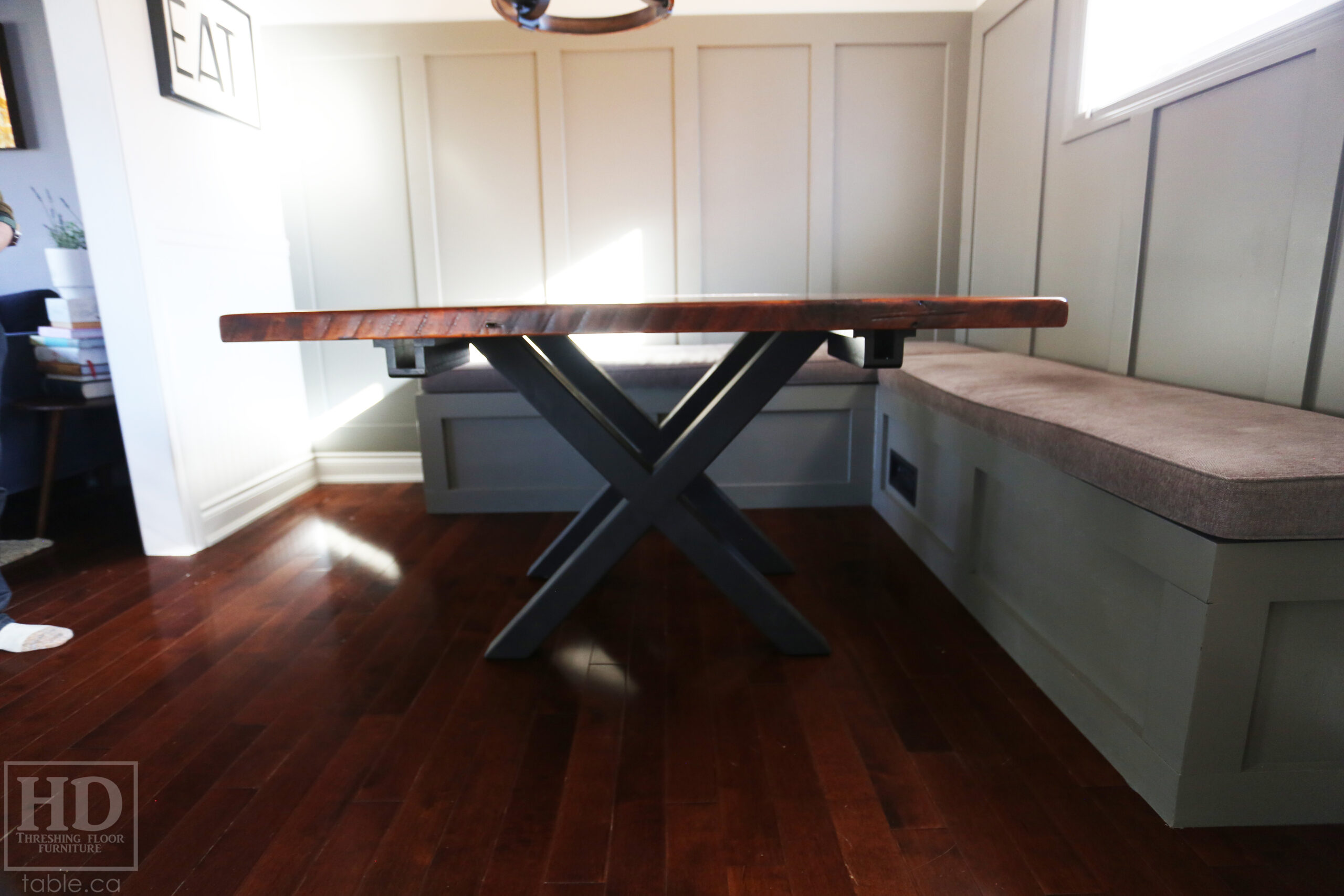 50" x 50" Ontario Barnwood Table we made for a Toronto Company - X Shaped Metal Base - Mitred Corners - Reclaimed Old Growth Hemlock Threshing Floor Construction - Original edges & distressing maintained - Premium epoxy + satin polyurethane finish  - One 18" Leaf Extension - www.table.ca