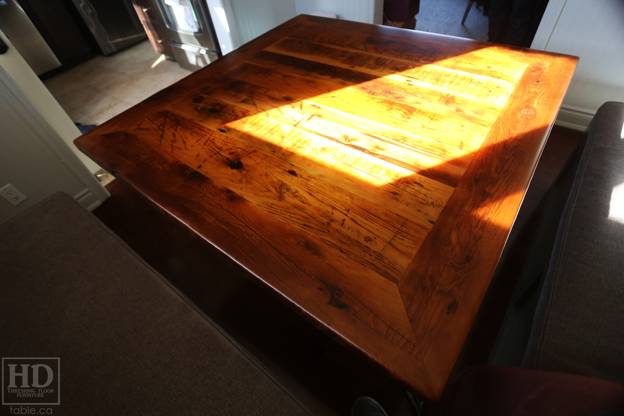 50" x 50" Ontario Barnwood Table we made for a Toronto Company - X Shaped Metal Base - Mitred Corners - Reclaimed Old Growth Hemlock Threshing Floor Construction - Original edges & distressing maintained - Premium epoxy + satin polyurethane finish  - One 18" Leaf Extension - www.table.ca