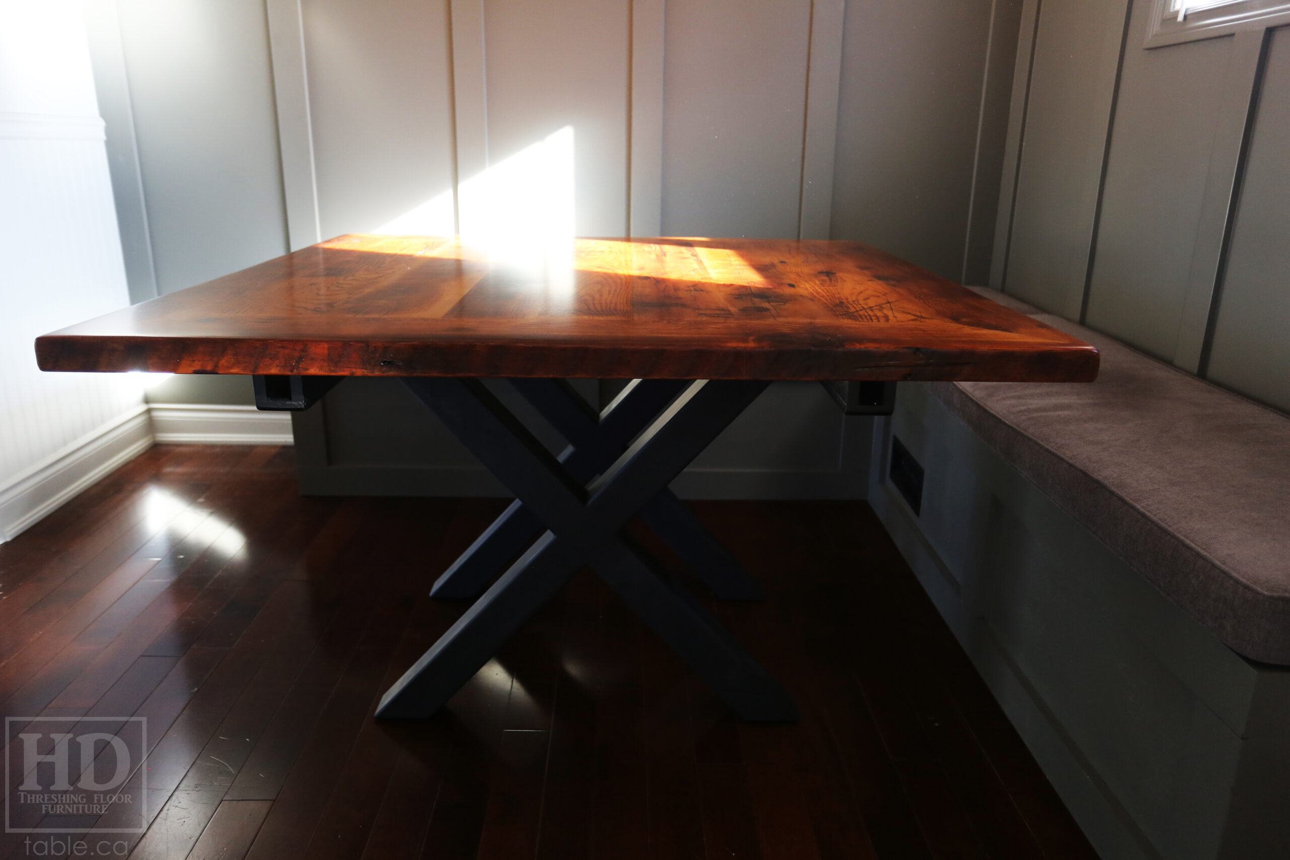 50" x 50" Ontario Barnwood Table we made for a Toronto Company - X Shaped Metal Base - Mitred Corners - Reclaimed Old Growth Hemlock Threshing Floor Construction - Original edges & distressing maintained - Premium epoxy + satin polyurethane finish  - One 18" Leaf Extension - www.table.ca