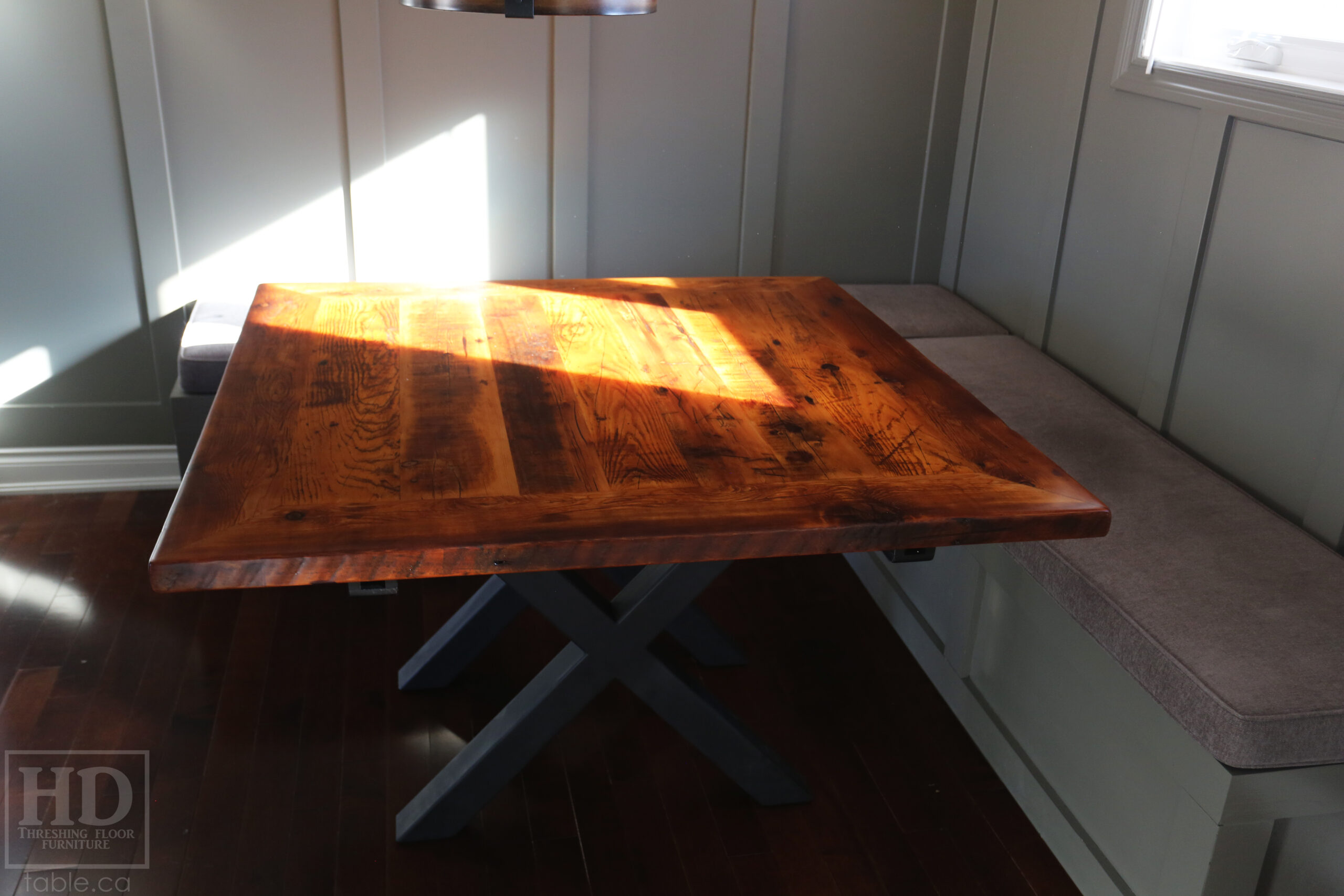 50" x 50" Ontario Barnwood Table we made for a Toronto Company - X Shaped Metal Base - Mitred Corners - Reclaimed Old Growth Hemlock Threshing Floor Construction - Original edges & distressing maintained - Premium epoxy + satin polyurethane finish  - One 18" Leaf Extension - www.table.ca